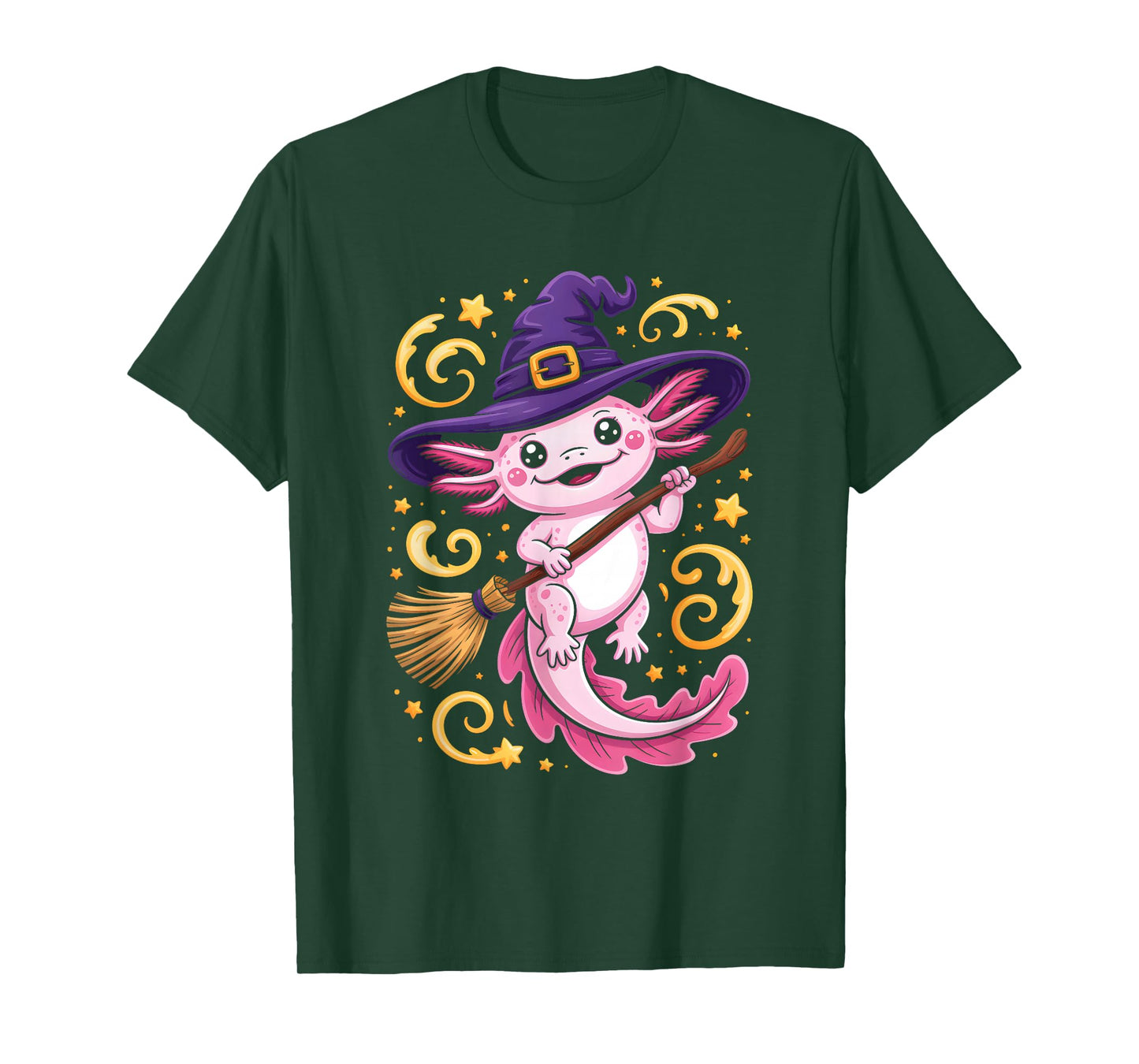Pink Axolotl Witch Riding Broomstick Stars Swirls Halloween T-Shirt