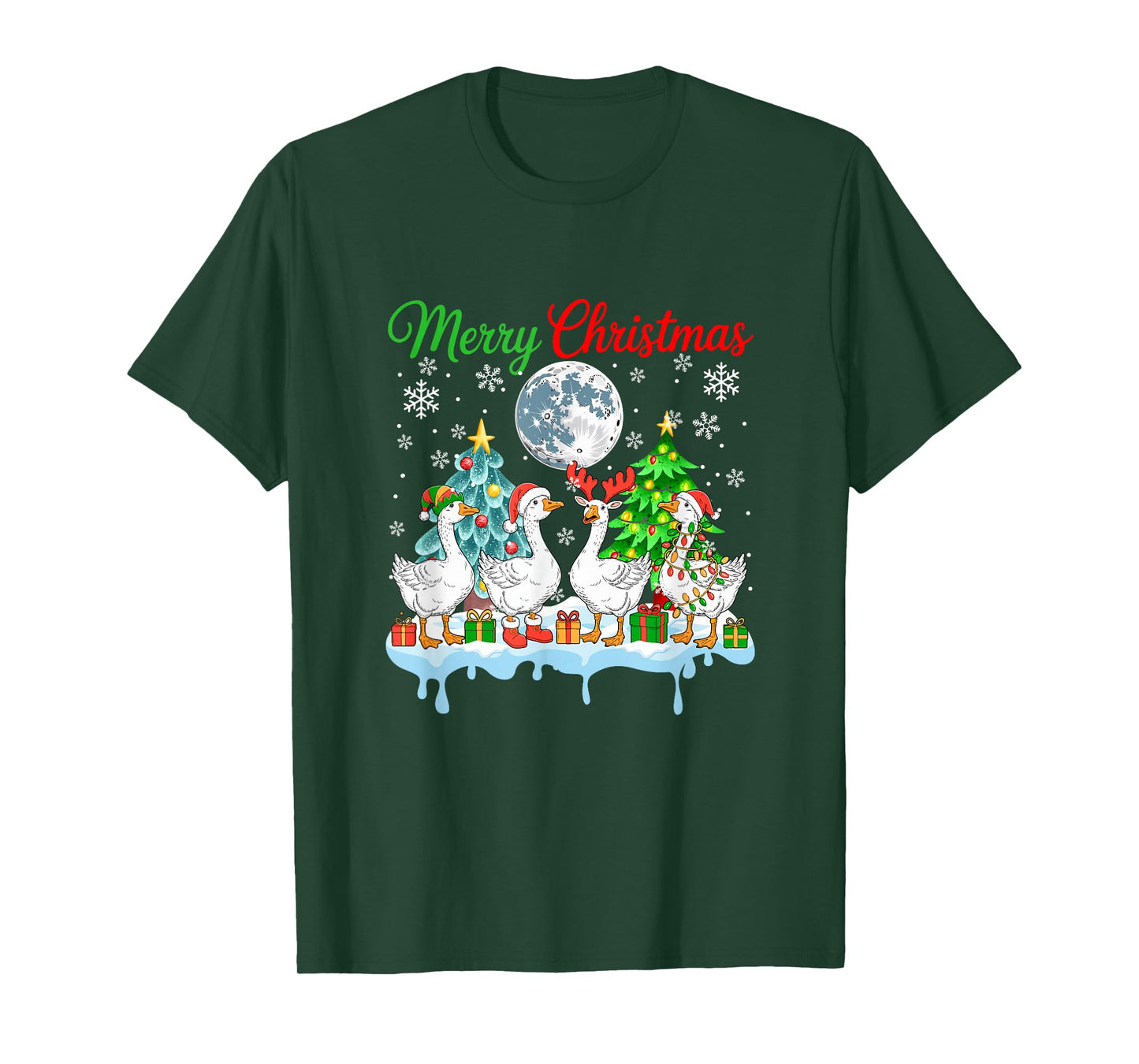 Merry Christmas Snow Group Santa Elf Reindeer Gooses Farmer T-Shirt