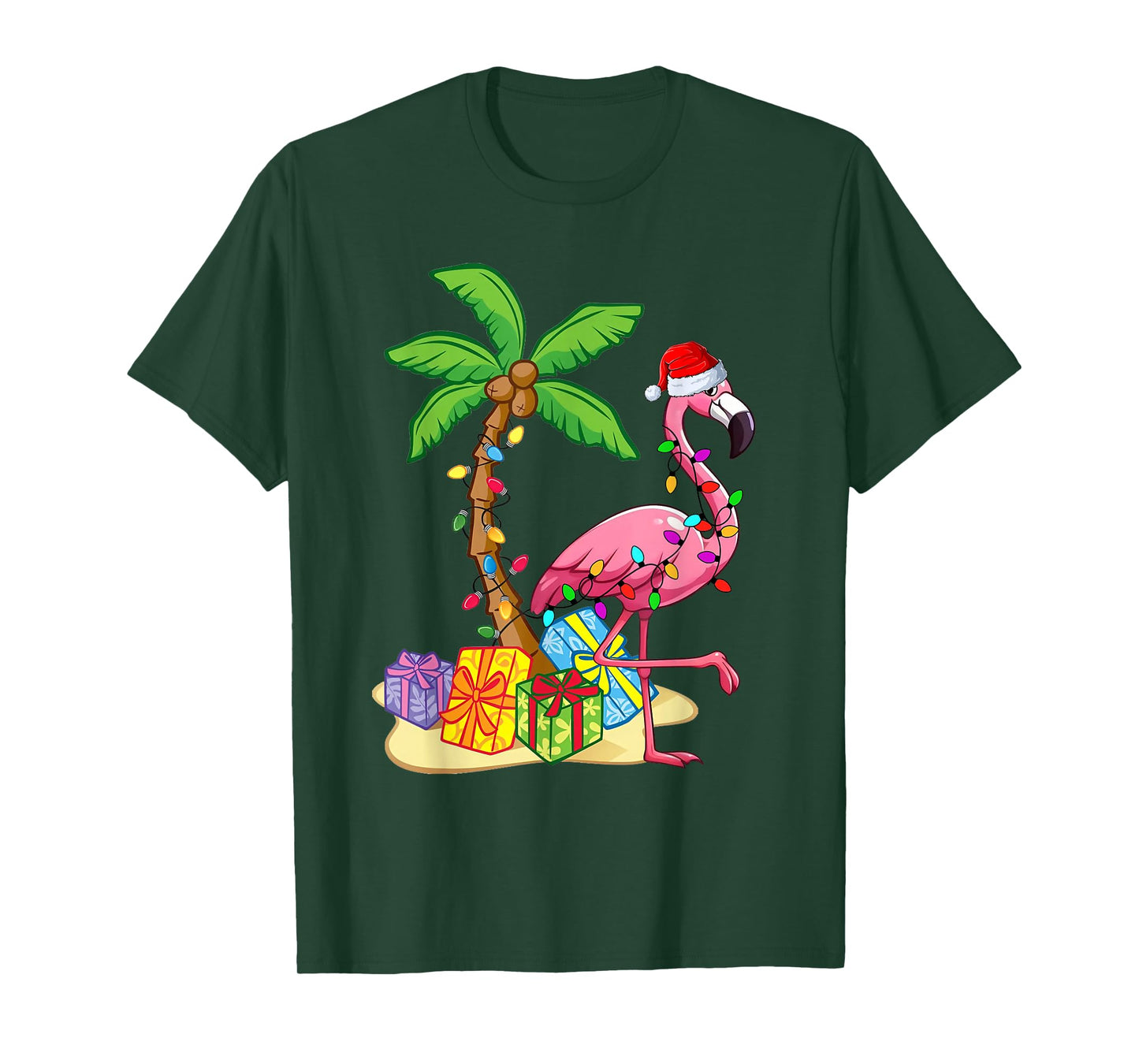 Flamingo Santa Hat Palm Tree Merry Christmas Lights T-Shirt
