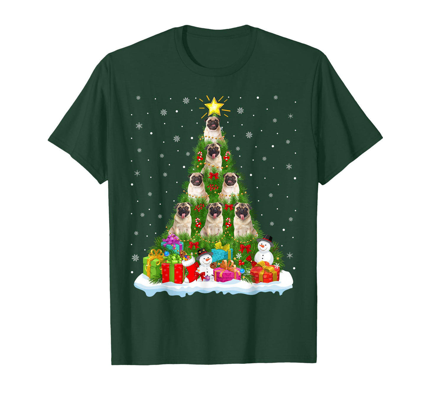 Pug Dogs Christmas Tree Holiday Decor Funny Xmas Lights T-Shirt