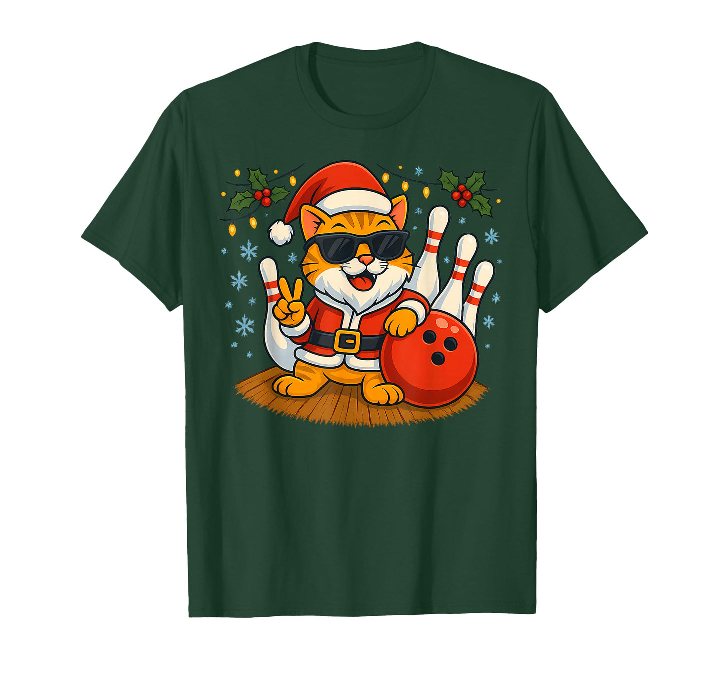 Santa Cat Bowling Christmas Funny Holiday Vibes Men Women T-Shirt