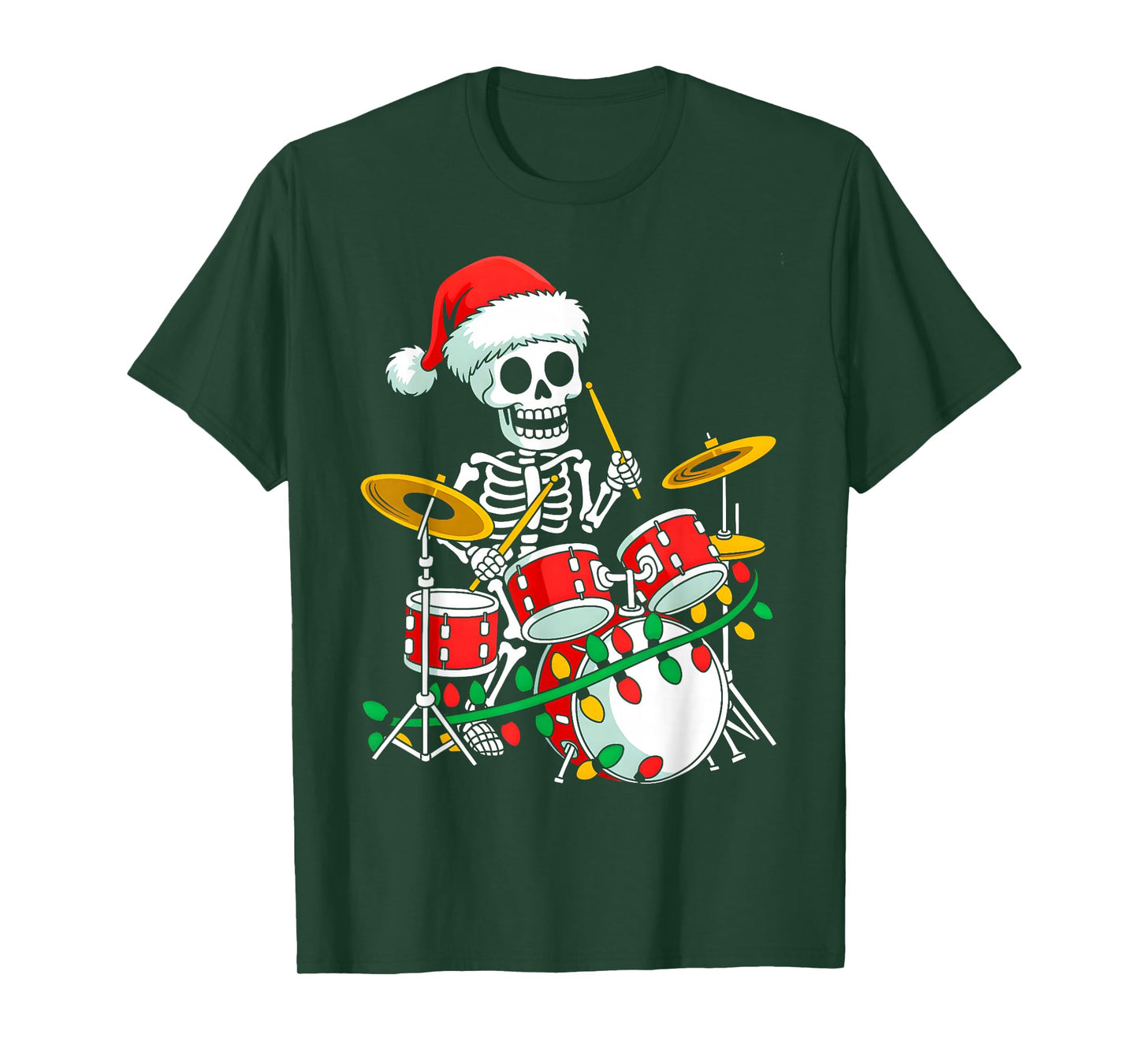 Santa Skeleton Playing Drum Percussionist Drummer Christmas T-Shirt