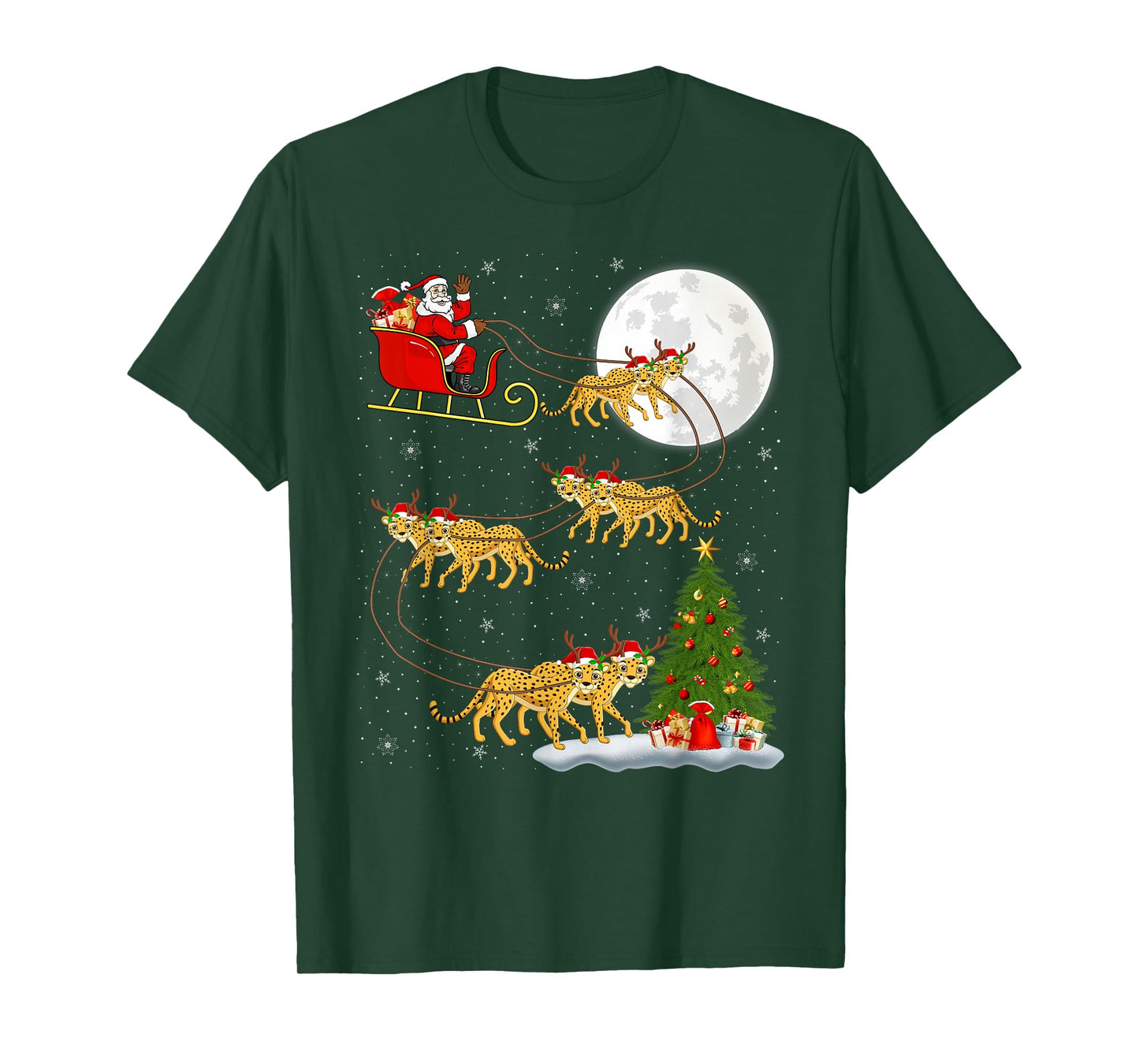 Cheetah Santa Sleigh Flying Funny Magical Christmas T-Shirt