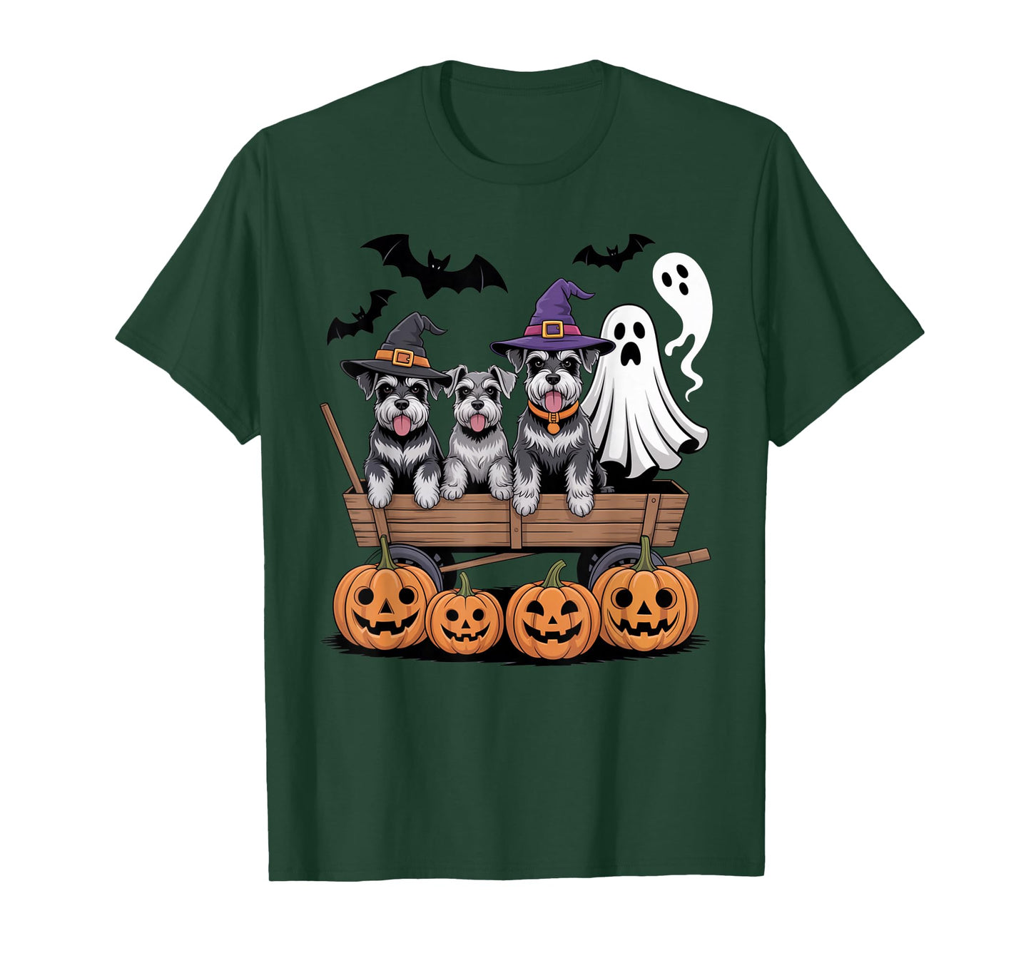 Schnauzer Halloween Wagon Ghost Witch Hats Bats Pumpkins T-Shirt