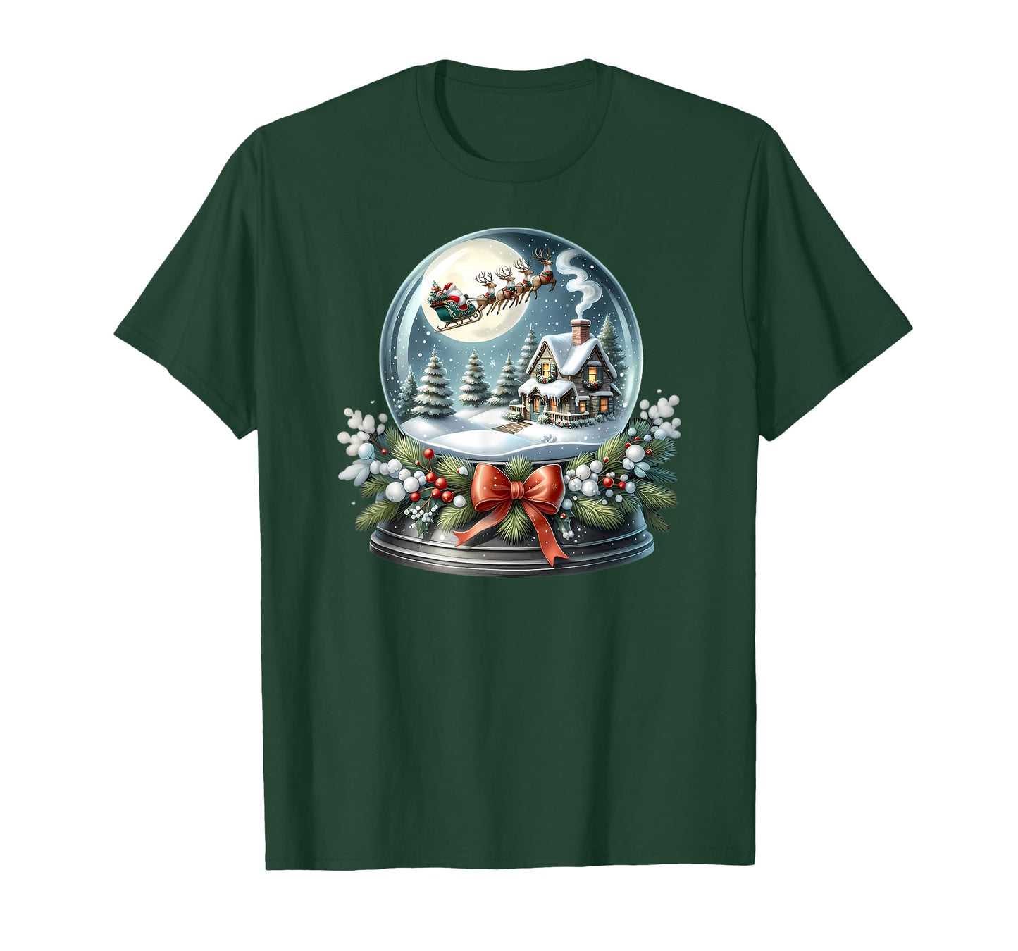 Santa Sleigh Over Cozy Snow Globe Scene T-Shirt