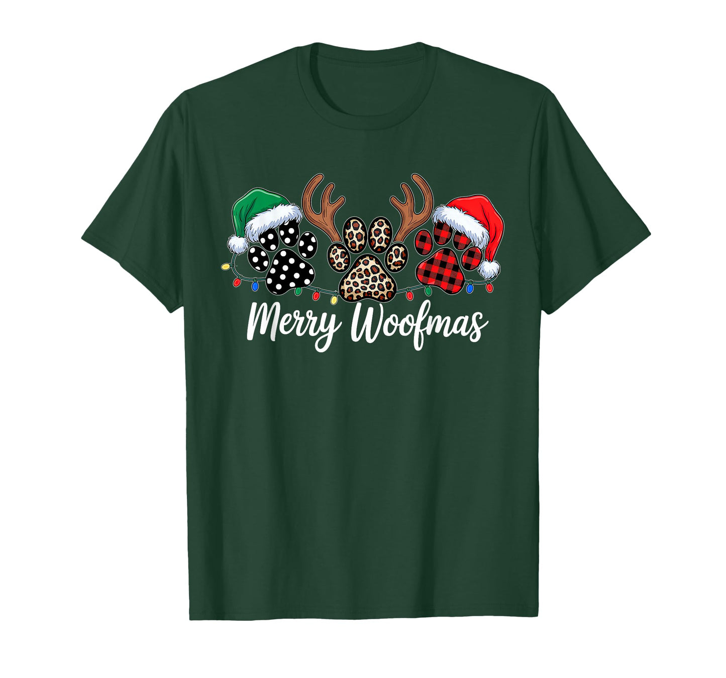 Merry Woofmas Christmas Dog Paws Buffalo Plaid Xmas Lights T-Shirt