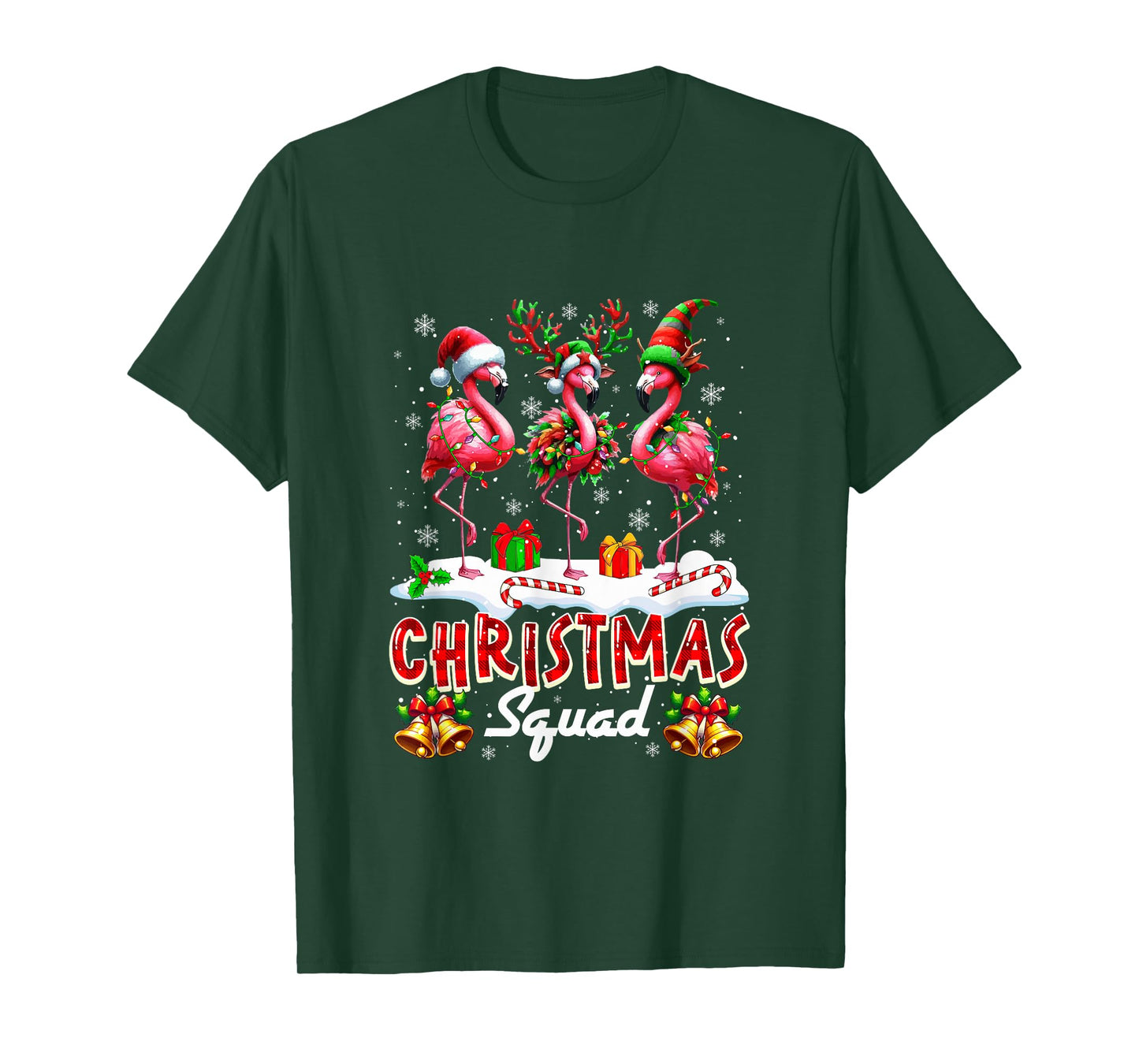 Christmas Squad Three Santa Reindeer Elf Flamingos Colorful T-Shirt