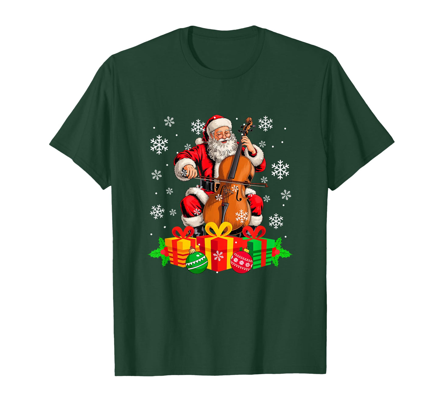 Santa Playing Cello Instrument Colorful Christmas Boxes T-Shirt