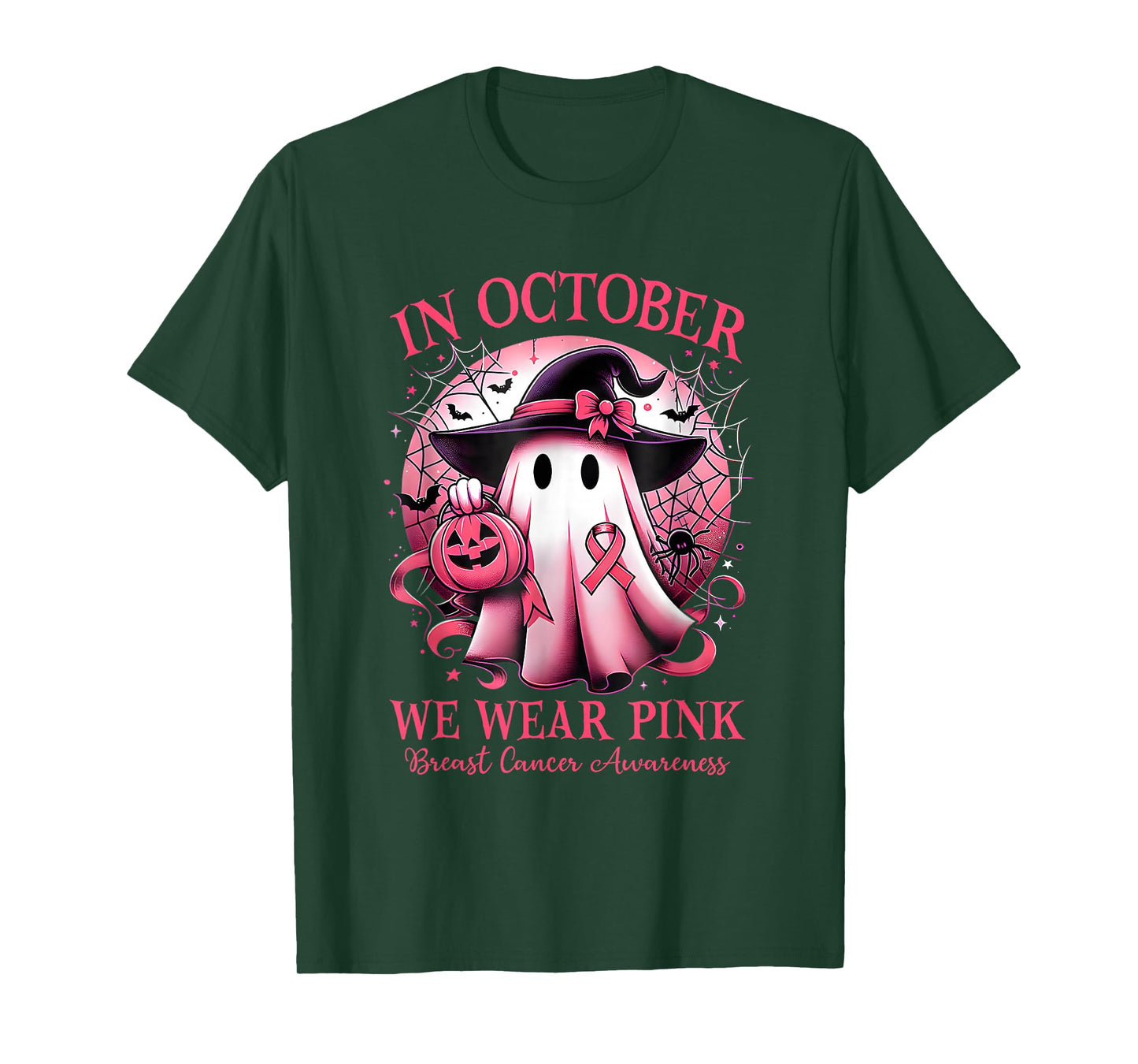 in October We Wear Pink Witch Ghost Breast Cancer T-Shirt