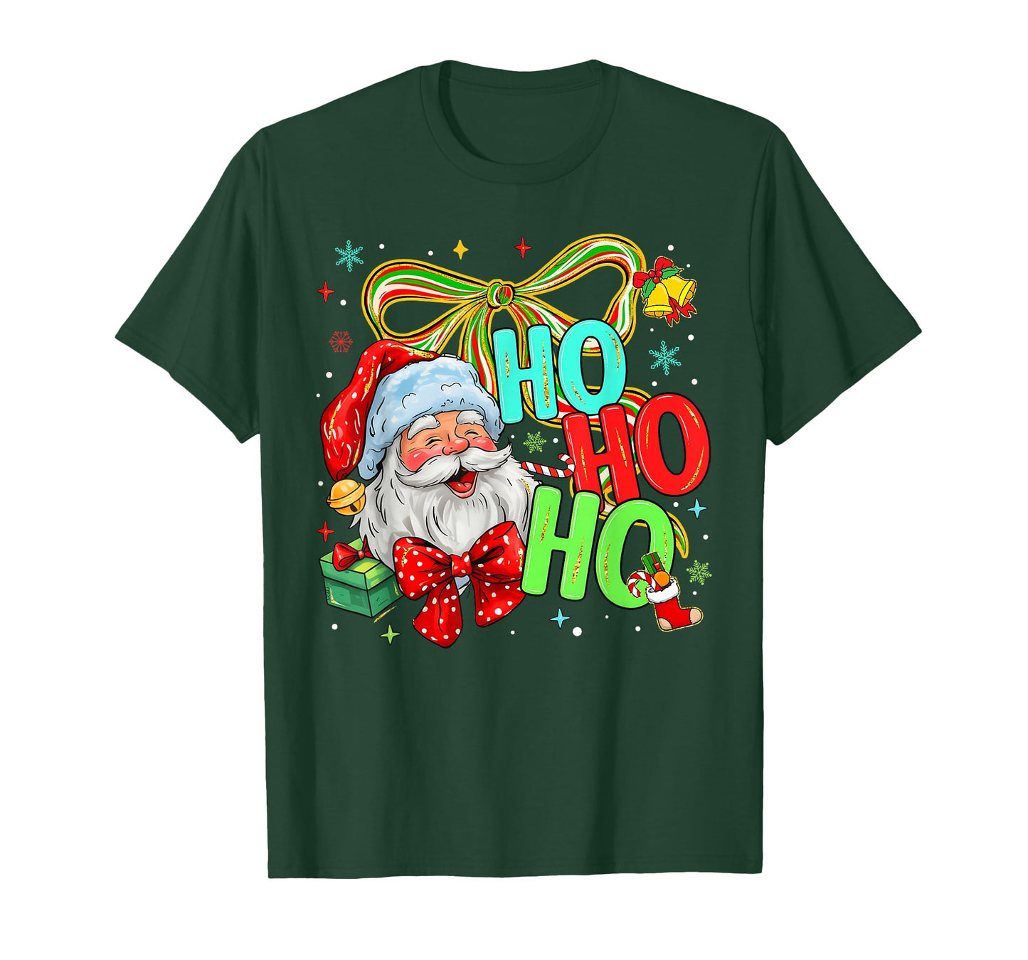 Christmas Santa Claus Ho Ho Ho Coquette Bow Pink Xmas Women T-Shirt