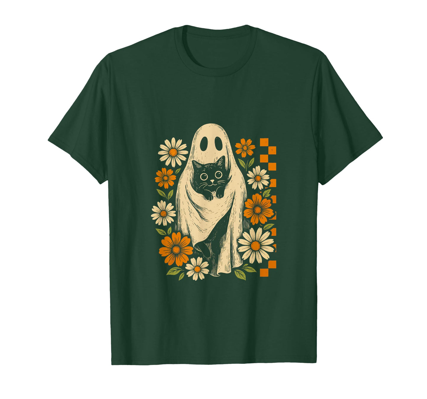 Vintage Halloween Ghost Holding Black Cat Groovy T-Shirt