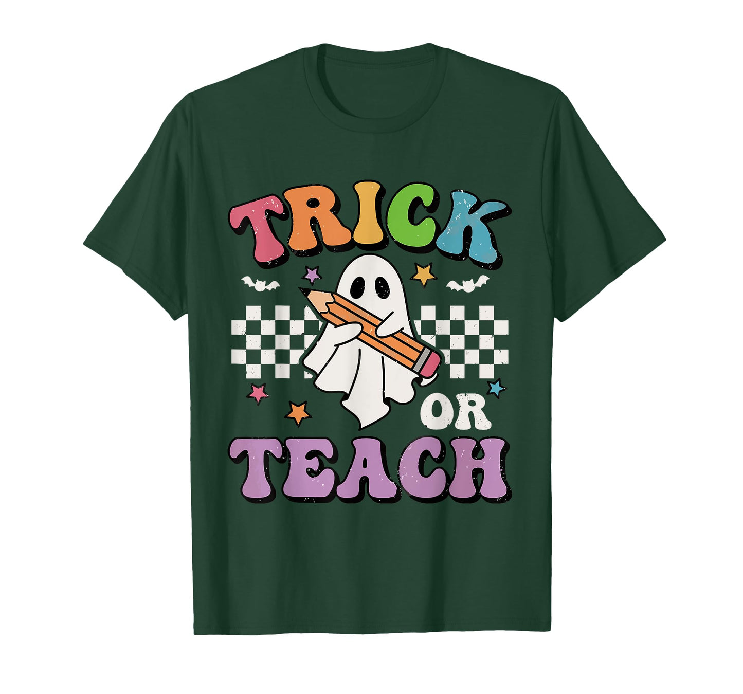 Trick Or Teach Groovy Teacher Halloween Retro Floral Ghost T-Shirt