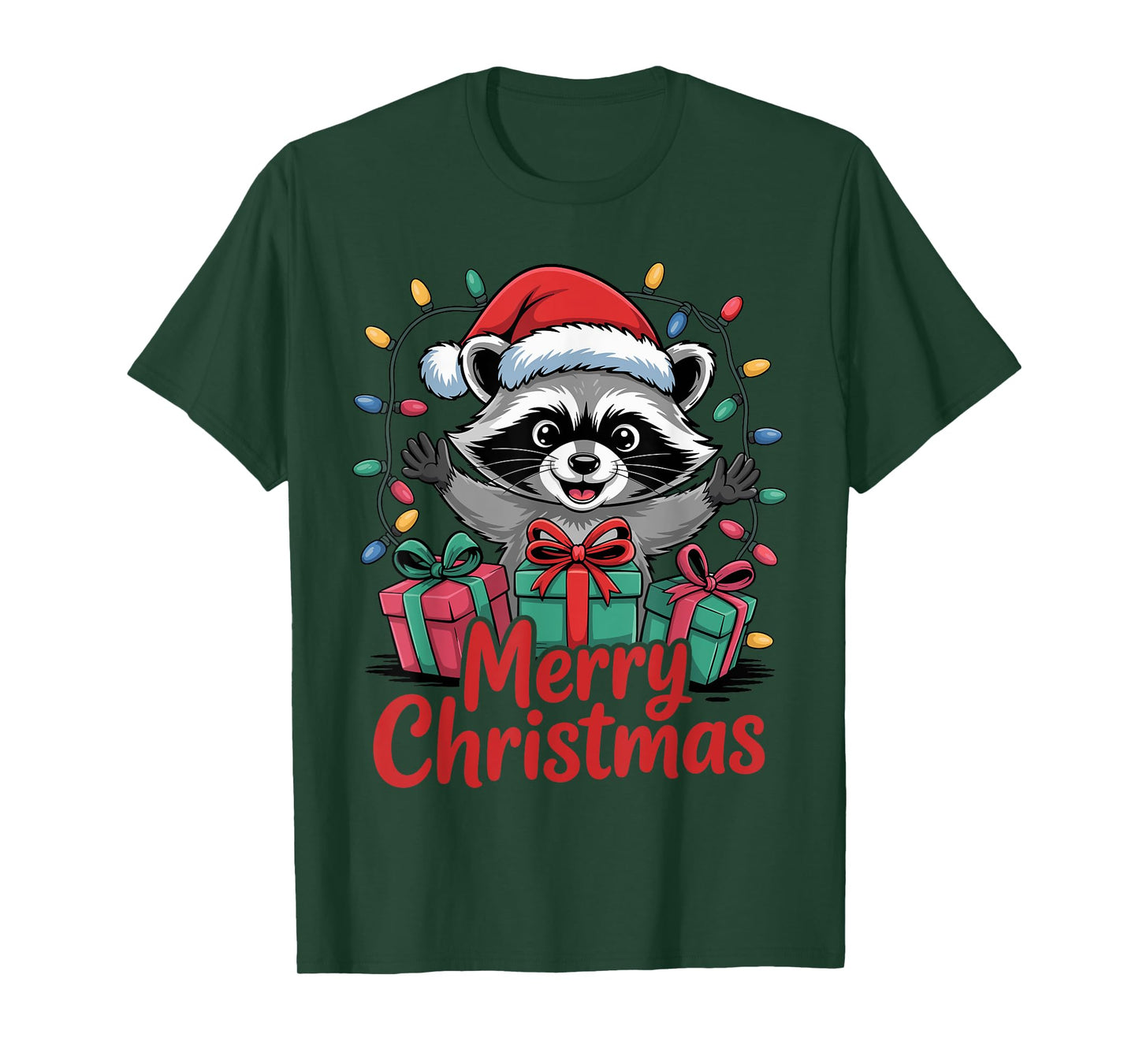 Funny Raccoon Santa Hat Animals Lovers Ugly Christmas Pajama T-Shirt