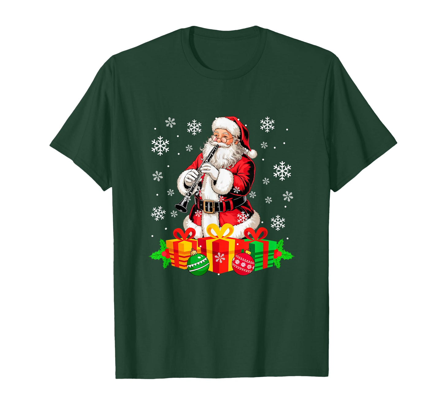 Santa Playing Clarinet Instrument Colorful Christmas Boxes T-Shirt