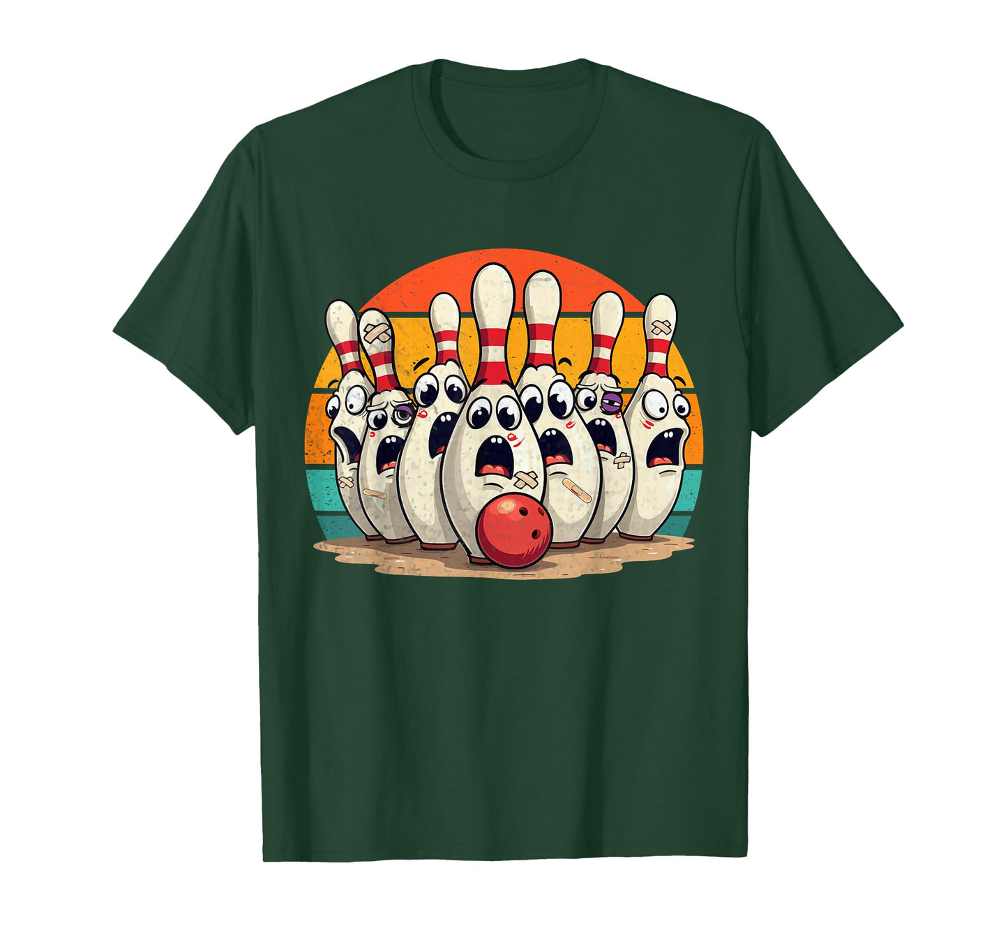 Funny Sport Bowler Scared Bowling Pins Retro Sunset Design T-Shirt