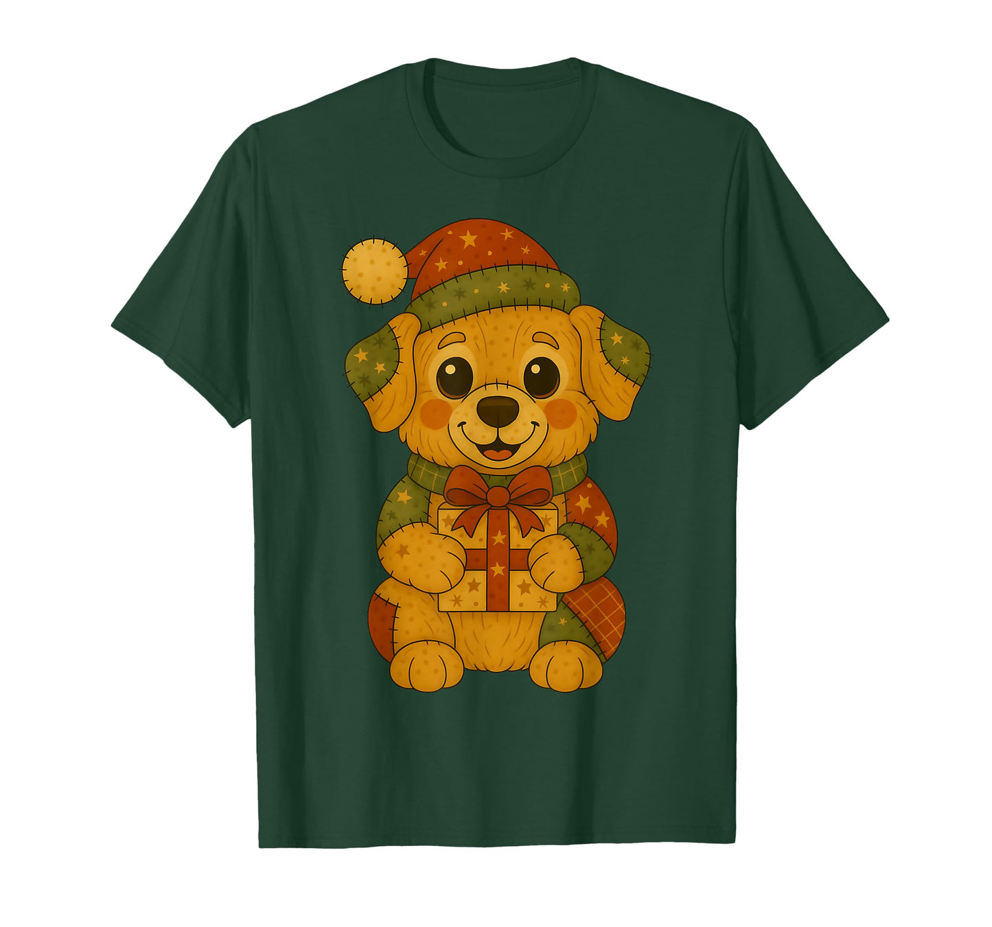 Patchwork Golden Retriever with Santa Hat for Christmas T-Shirt