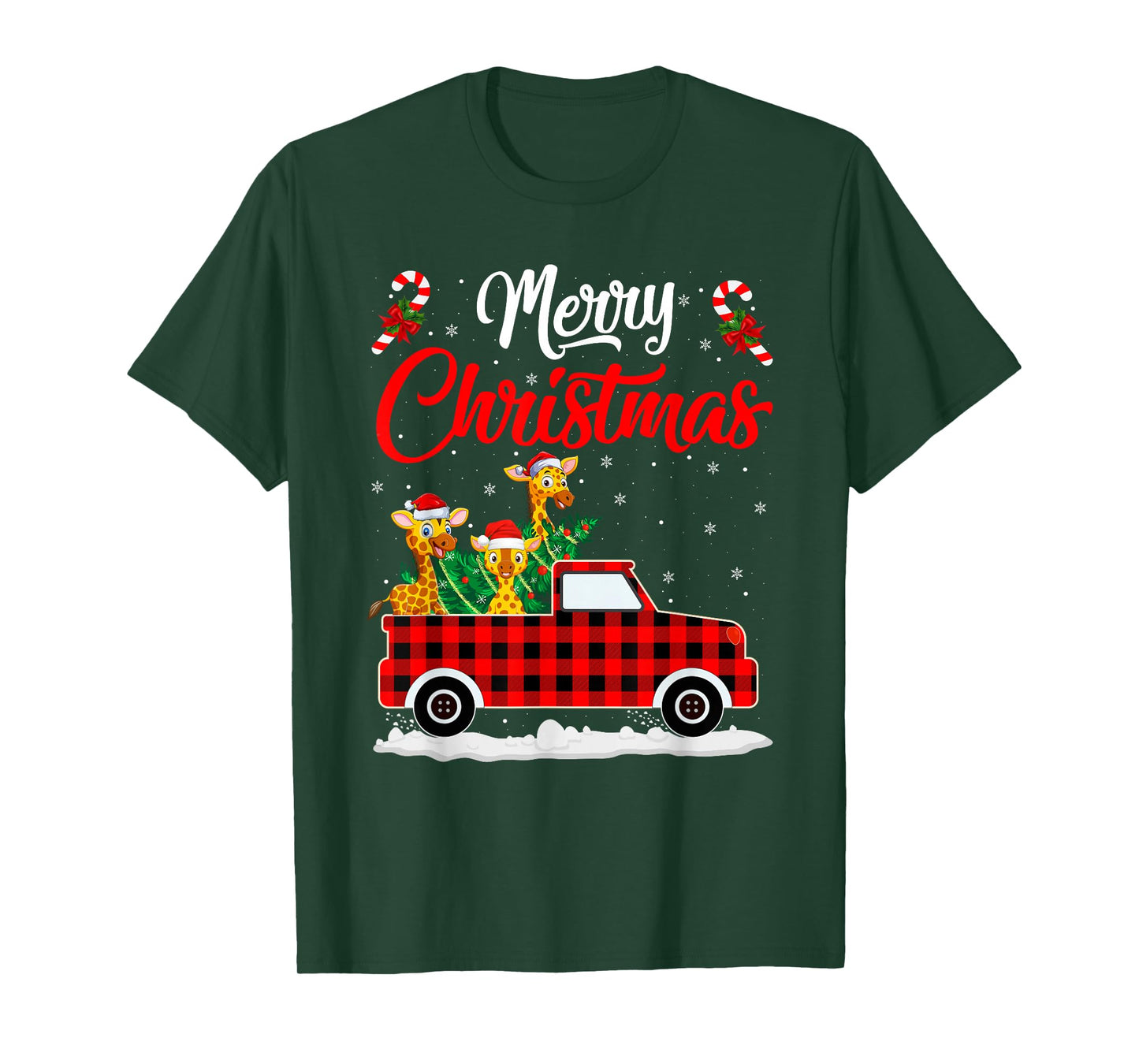 Giraffe Merry Christmas Tree Red Truck Buffalo Plaid Xmas T-Shirt