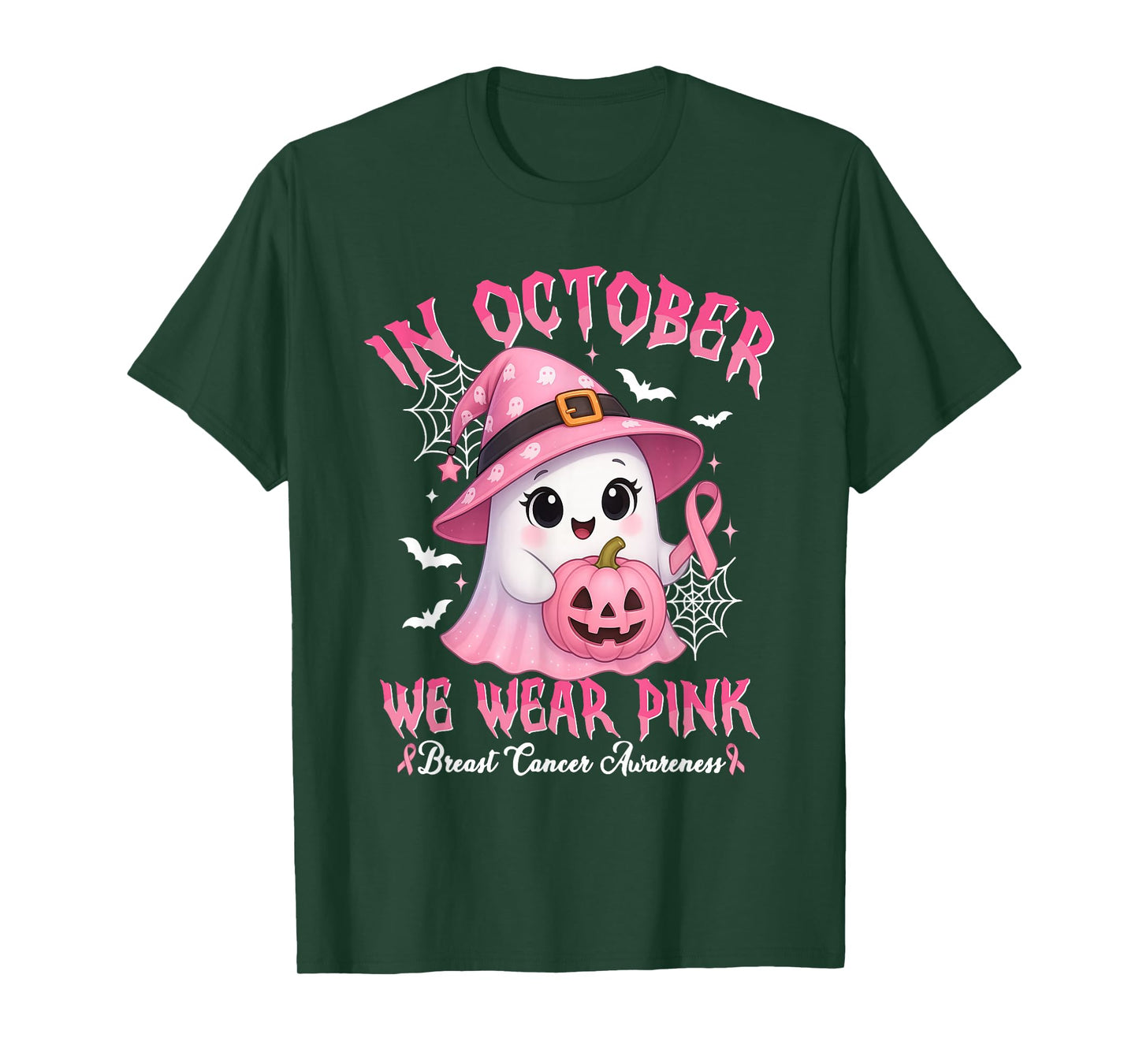 in October We Wear Pink Funny Ghost Breast Cancer Awareness T-Shirt