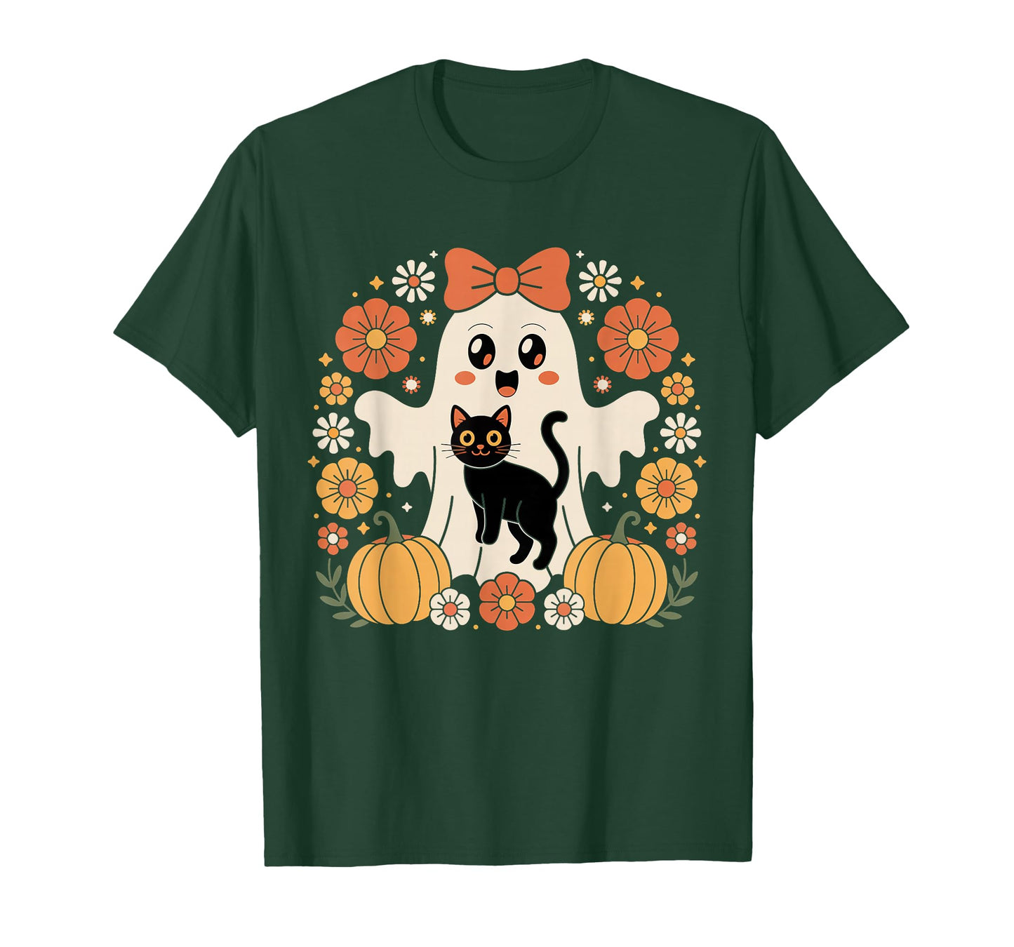Vintage Halloween Ghost Holding Black Cat Groovy Floral T-Shirt