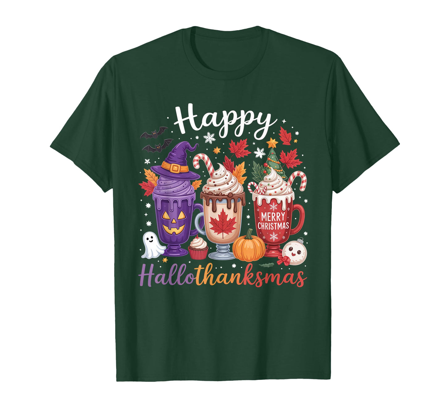 Happy Hallothanksmas Coffee Lover Halloween Merry Christmas T-Shirt