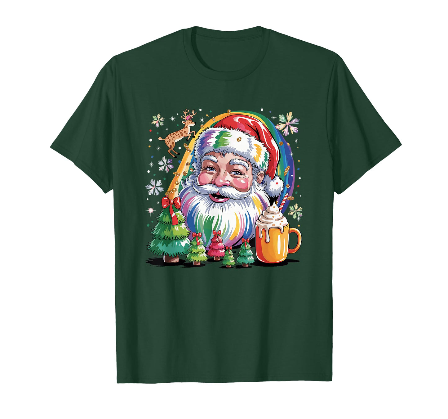 Colorful Rainbow Santa Christmas Cocoa and Tree T-Shirt