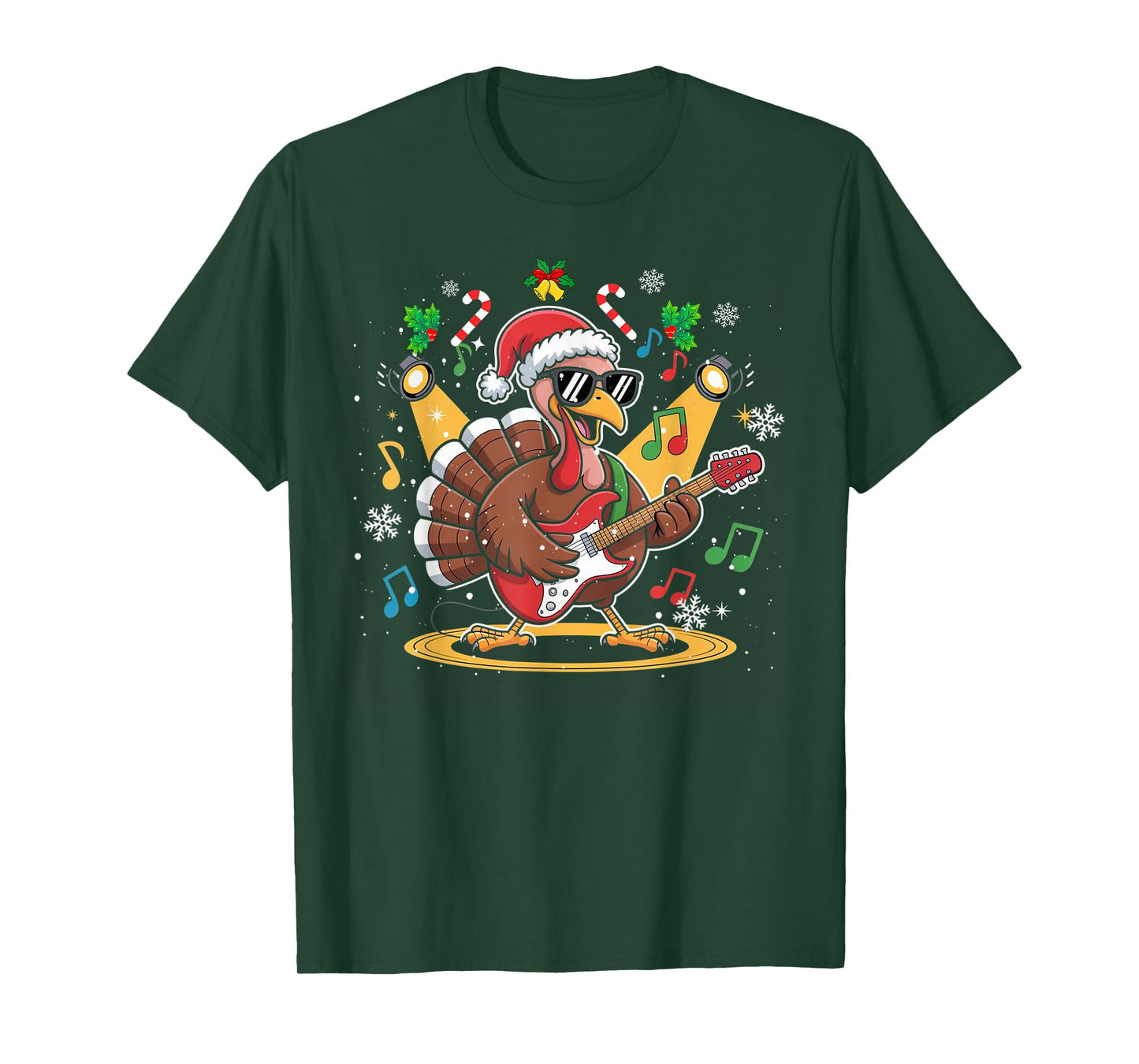 Funny Thanksgiving Santa Hat Turkey Rock Star Playing Guitar T-Shirt