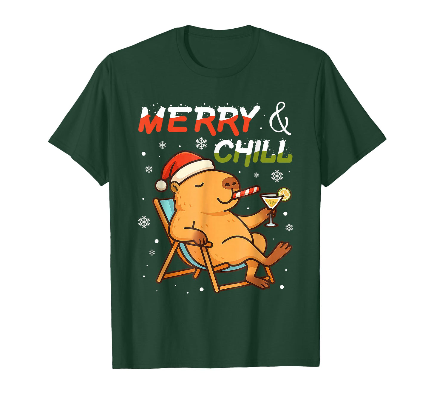 Merry and Chill Capybara Santa Hat Christmas T-Shirt