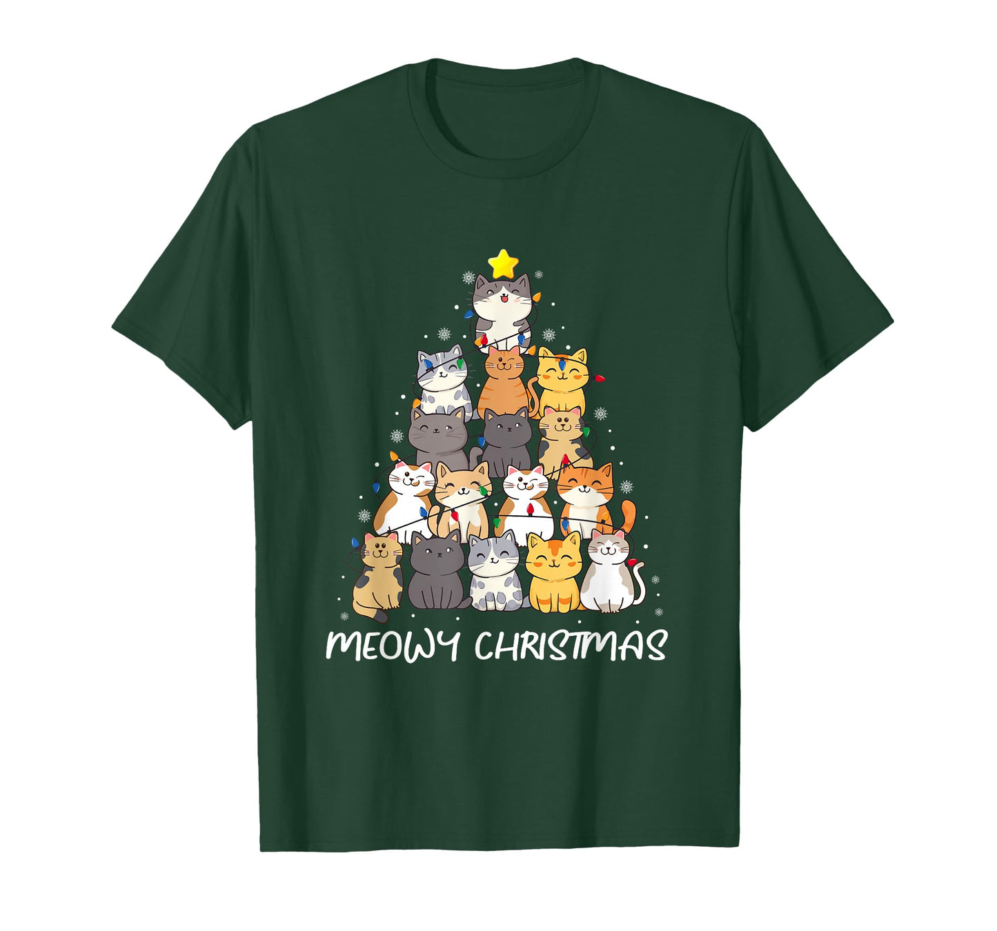 Meowy Christmas Cat Tree Lights Funny Xmas Family Men Women T-Shirt