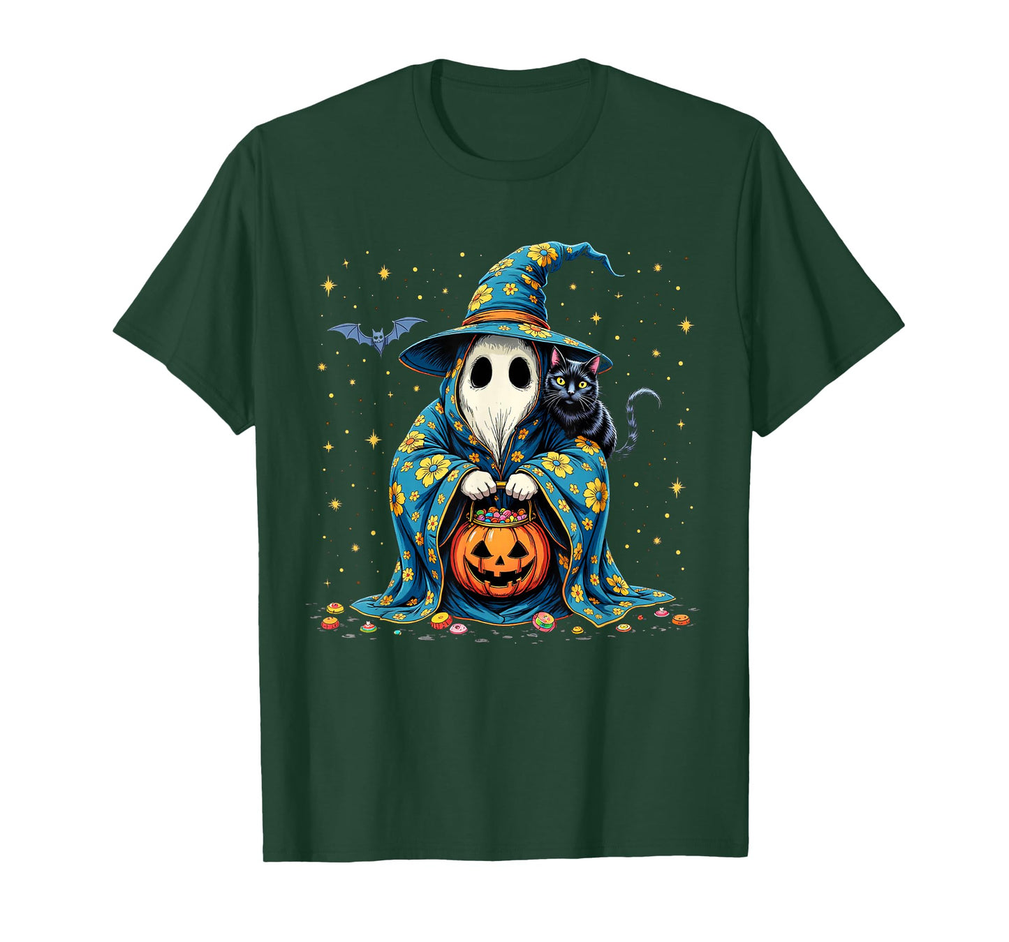 Ghost Holding Black Cat Lover Halloween 2025 Groovy Floral T-Shirt