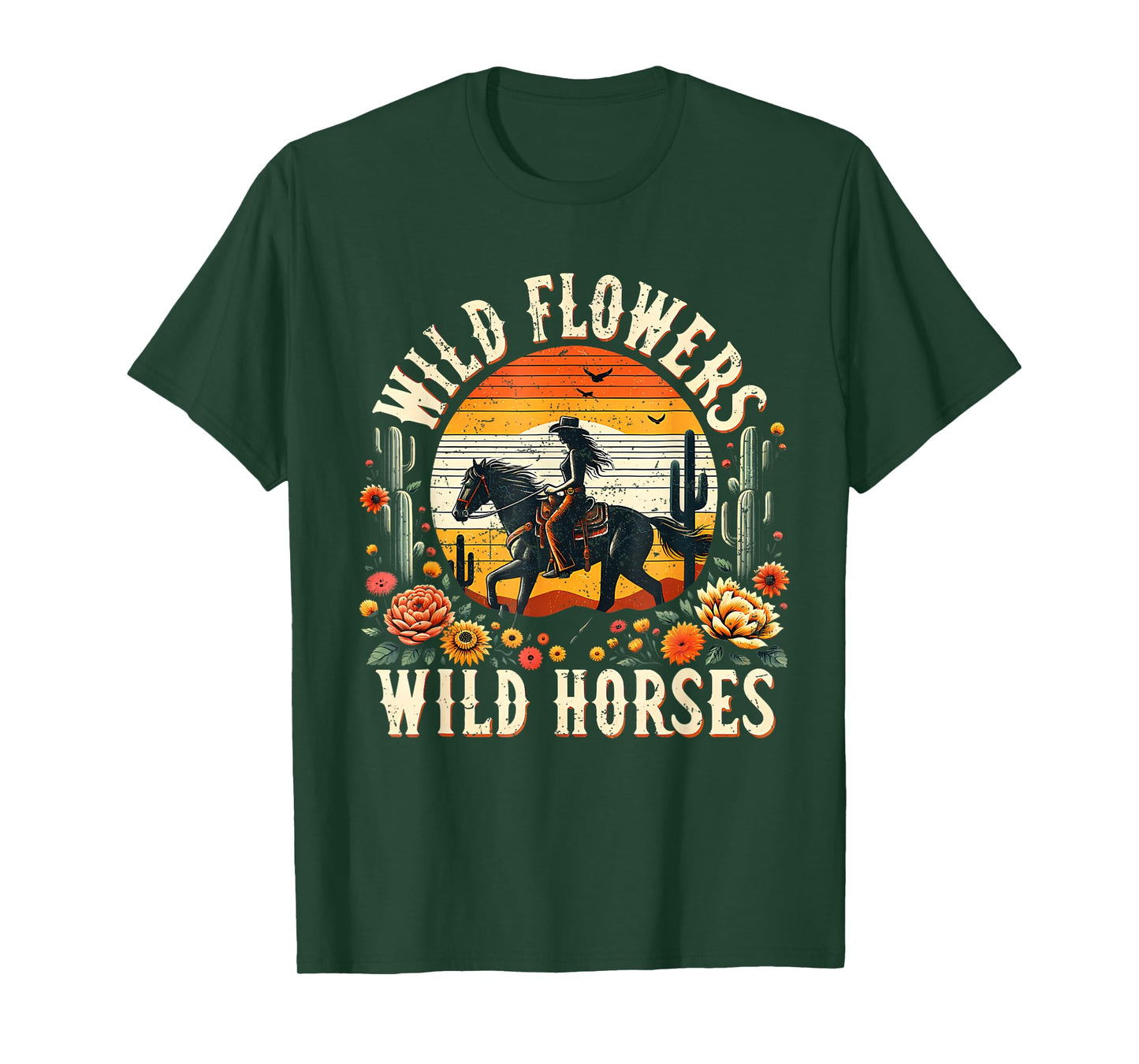 Sunset Cowgirl Riding Horse Wild Flowers Wild Horses T-Shirt