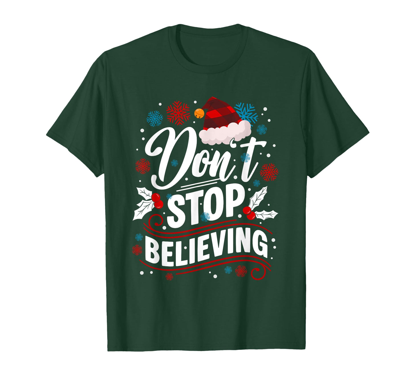 Don't Stop Believing Christmas Santa Claus Red Buffalo Plaid T-Shirt