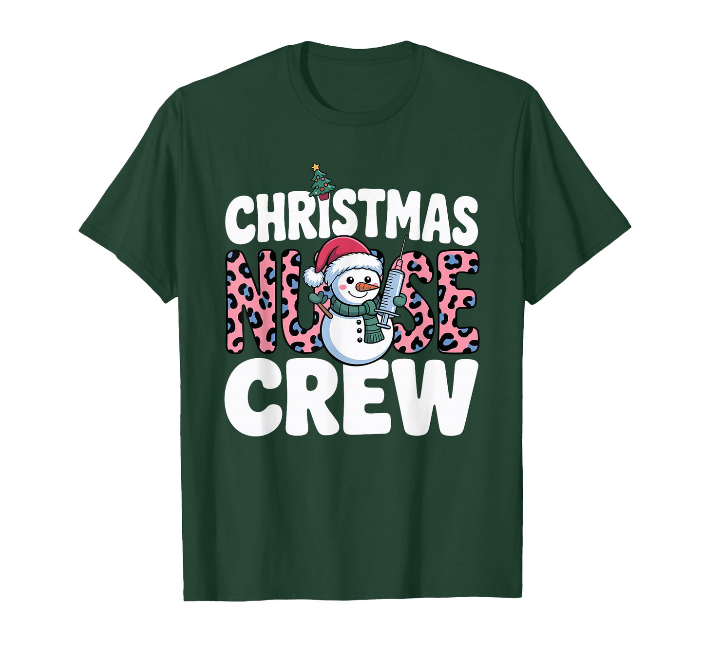 Nurse Christmas Crew Snowman Pink Leopard Print T-Shirt