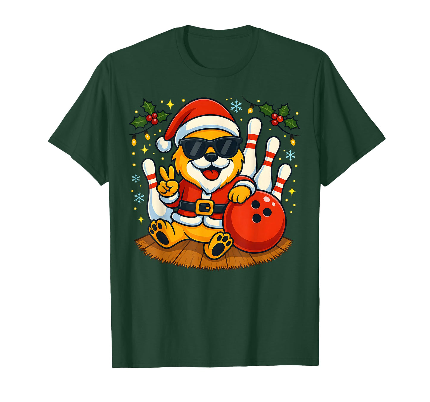 Santa Dog Bowling Christmas Funny Holiday Vibes Men Women T-Shirt