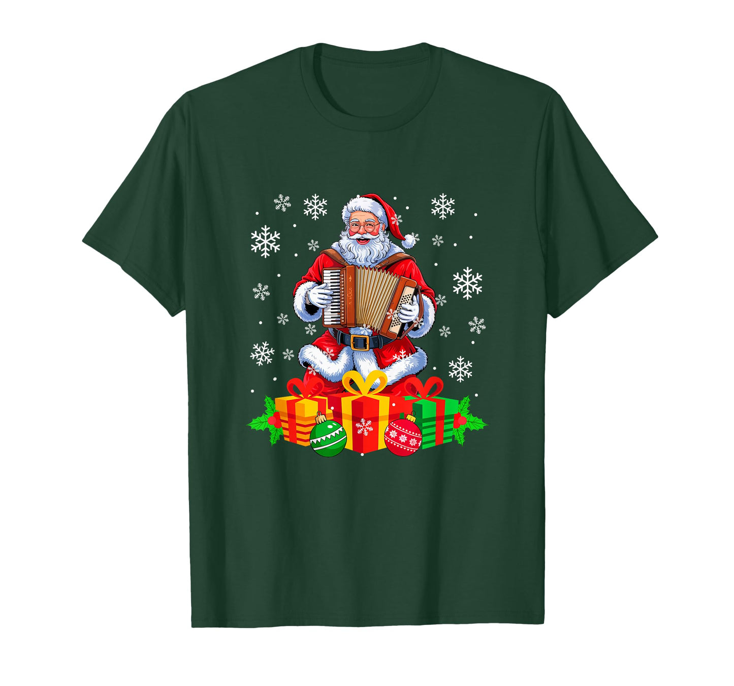 Santa Playing Accordion Instrument Colorful Christmas Boxes T-Shirt