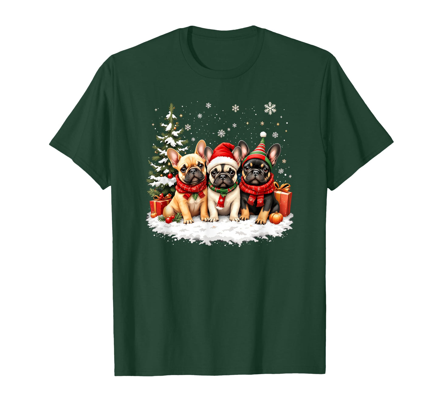 French Bulldog Christmas Trio with Santa Claus Snow Tree T-Shirt
