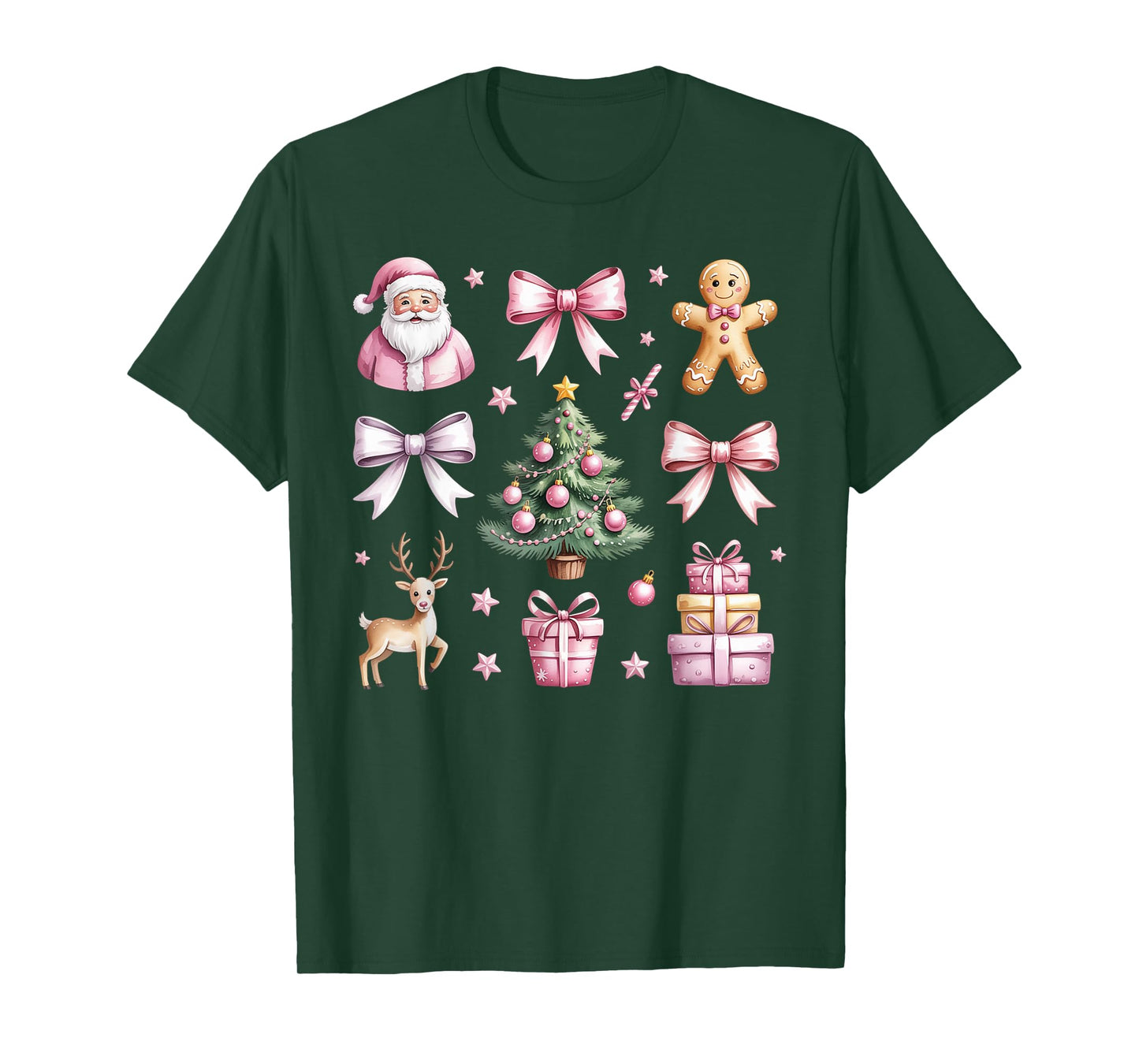 Cute Coquette Bow Pink Christmas Tree Santa Gingerbread Xmas T-Shirt