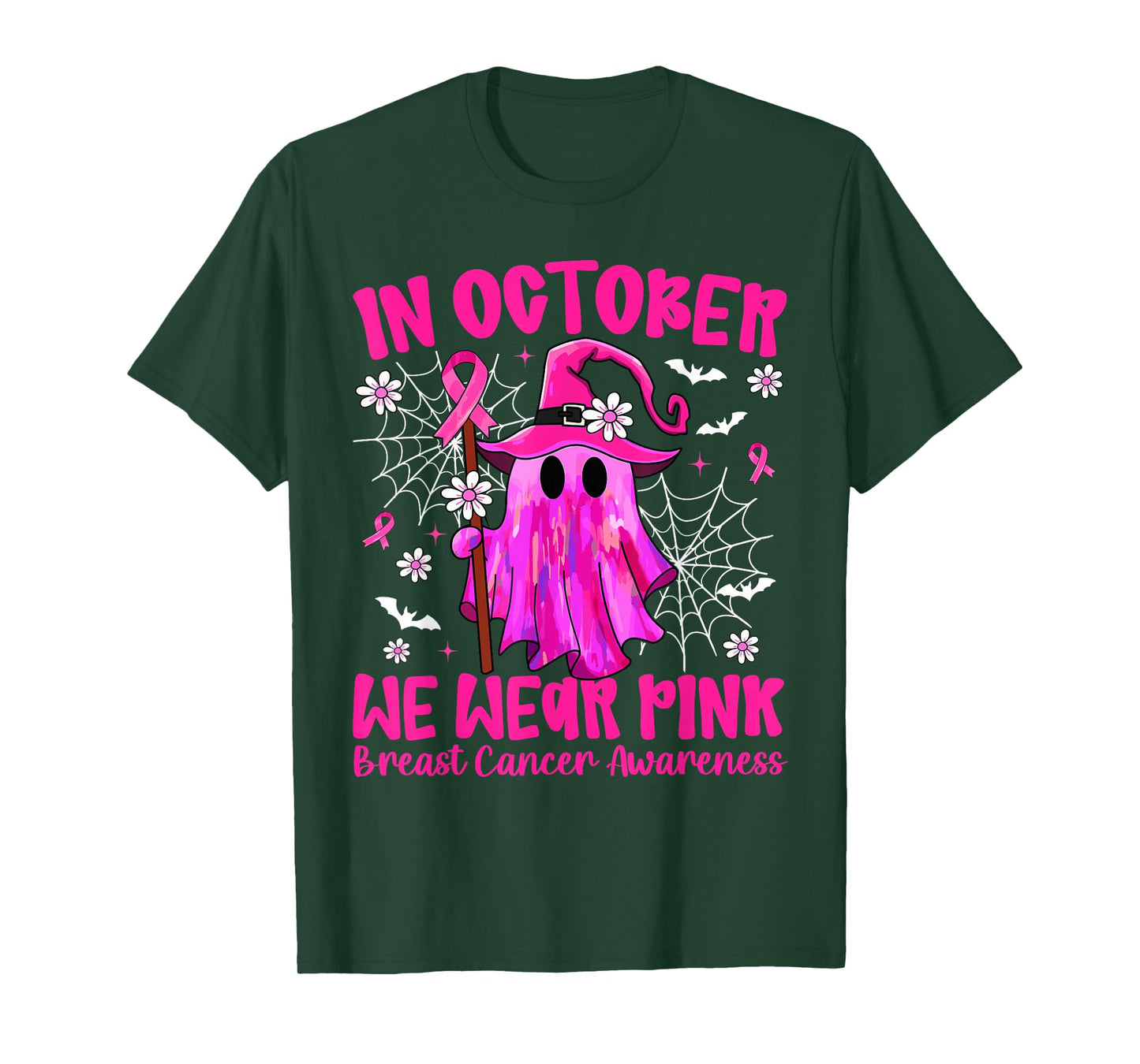 in October We Wear Pink Ghost Witch Breast Cancer Awareness T-Shirt