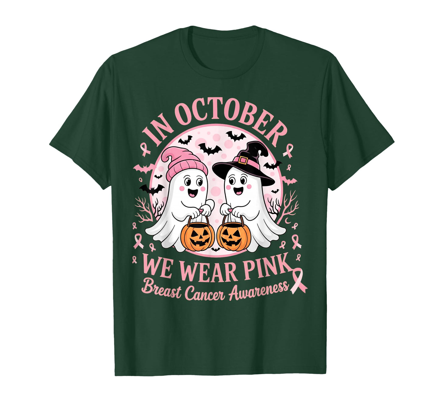 in October We Wear Pink Ghost Witch Breast Cancer Awareness T-Shirt