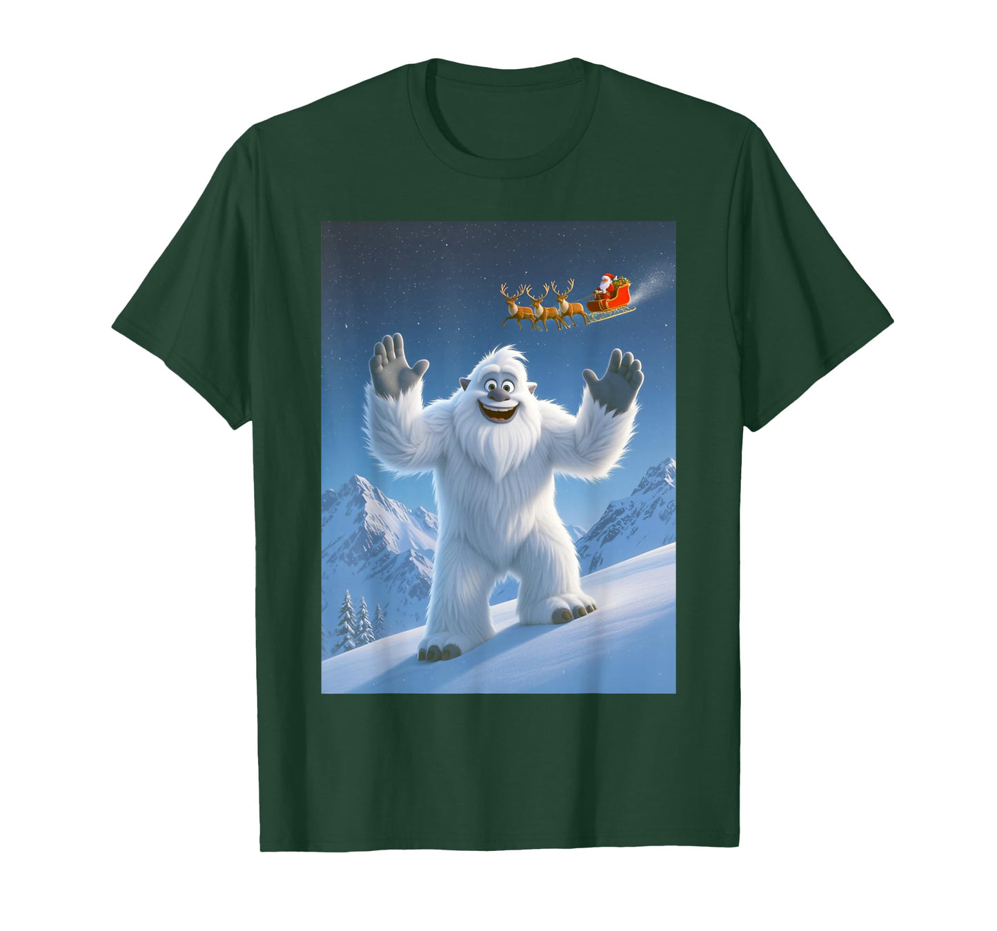 Yeti Waving at Santa Claus Flying Overhead Merry Christmas T-Shirt
