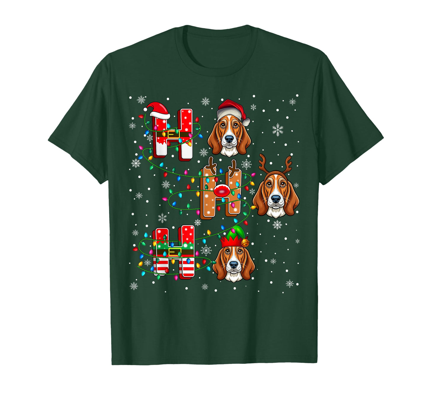 Ho Ho Santa Reindeer Hat Elf Matching Basset Hound Dog Xmas T-Shirt