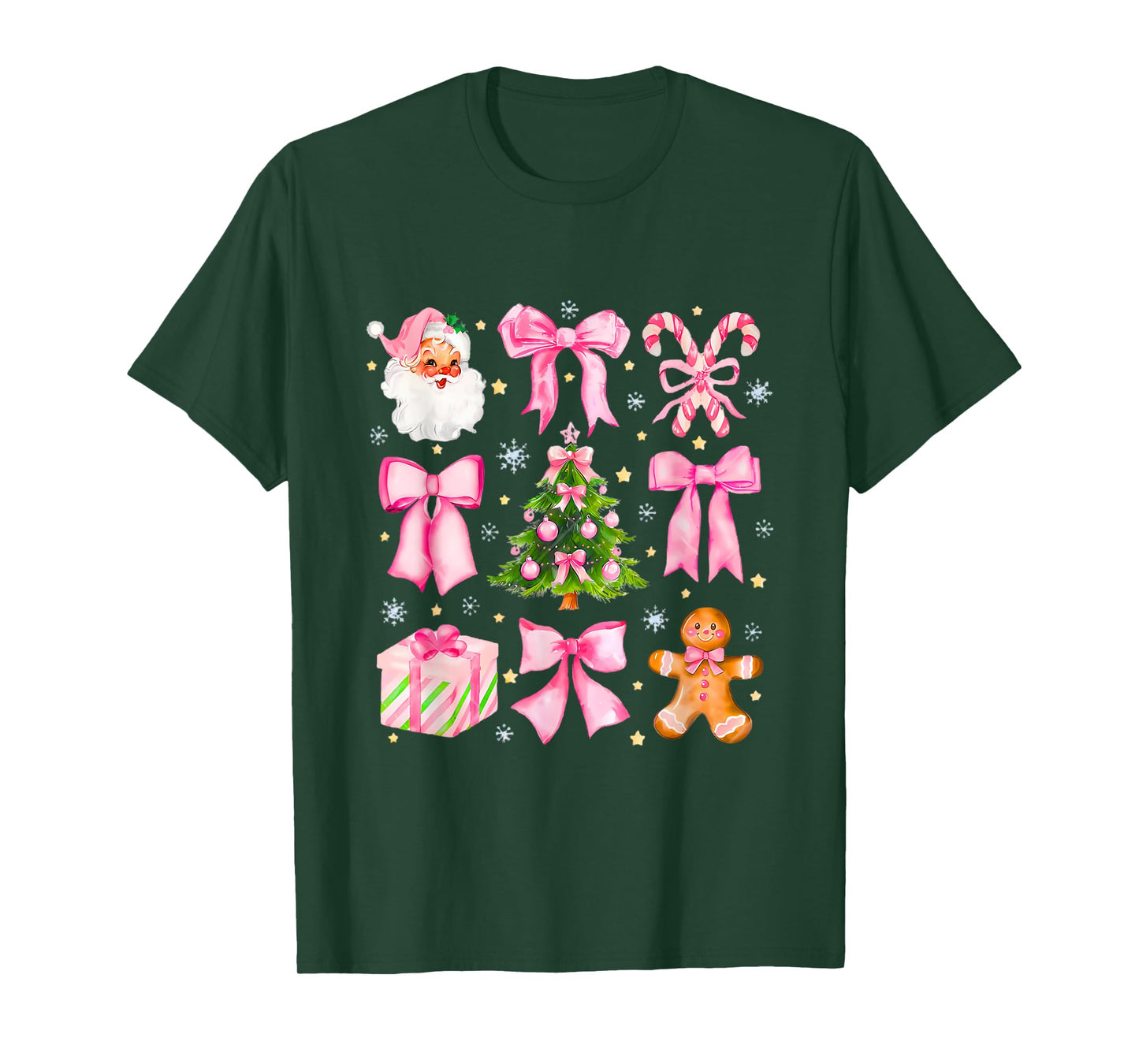 Cute Coquette Bow Pink Christmas Tree Santa Gingerbread Xmas T-Shirt