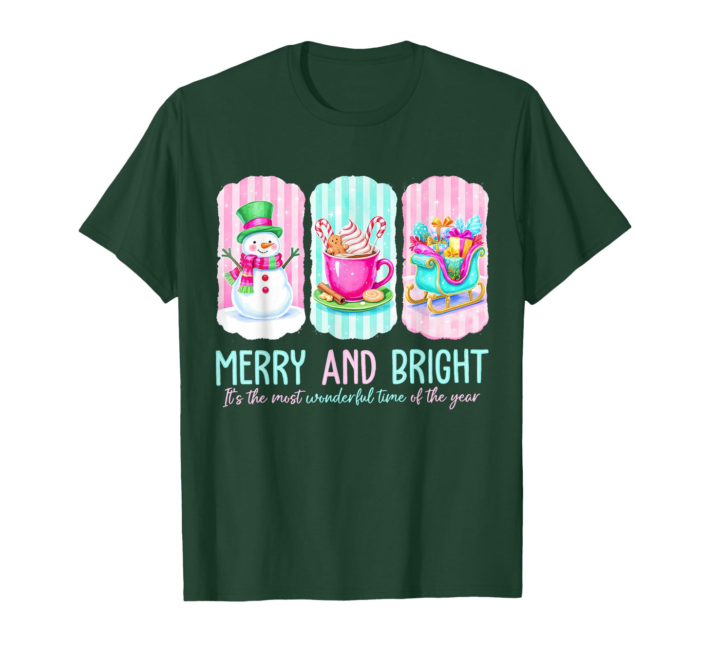 Merry and Bright Gingerbread Santa Snowman Christmas Women T-Shirt