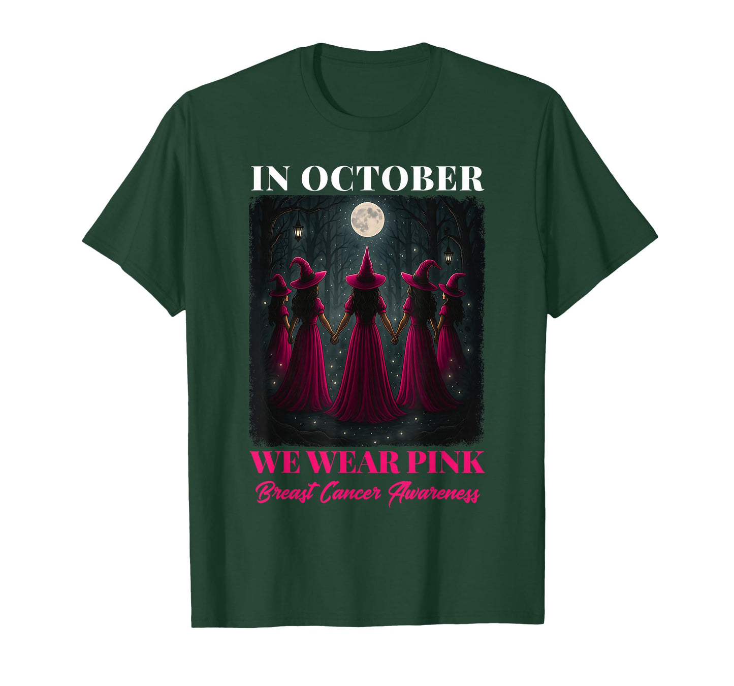 Breast Cancer Halloween Women in October We Wear Pink Witch T-Shirt