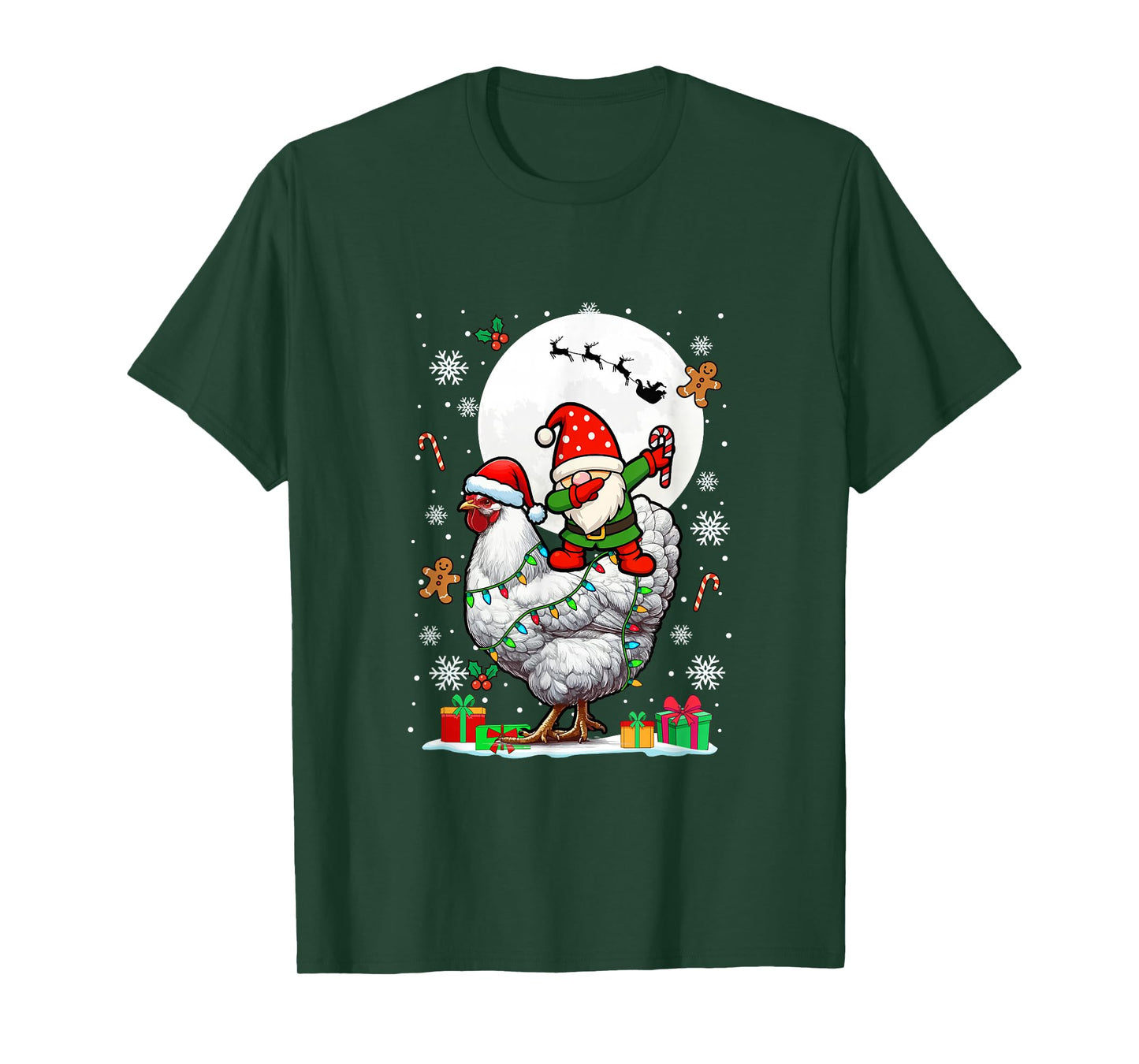 Dabbing Gnome On Chicken Christmas Santa Colorful Lights T-Shirt