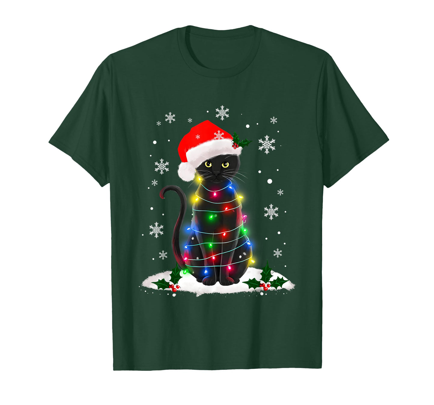 Funny Santa Kitten Black Cat Christmas Tree Lights T-Shirt