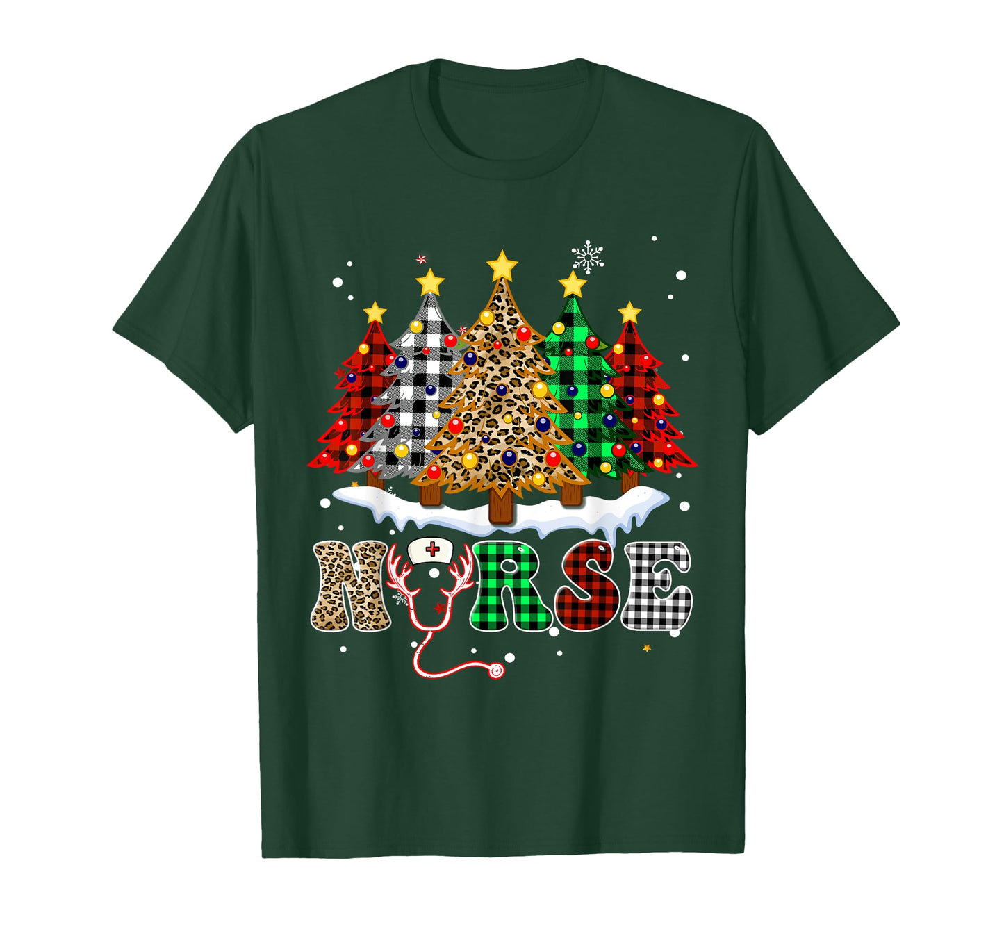 Christmas Tree Nurse Lights Leopard Buffalo Plaid Red Green T-Shirt