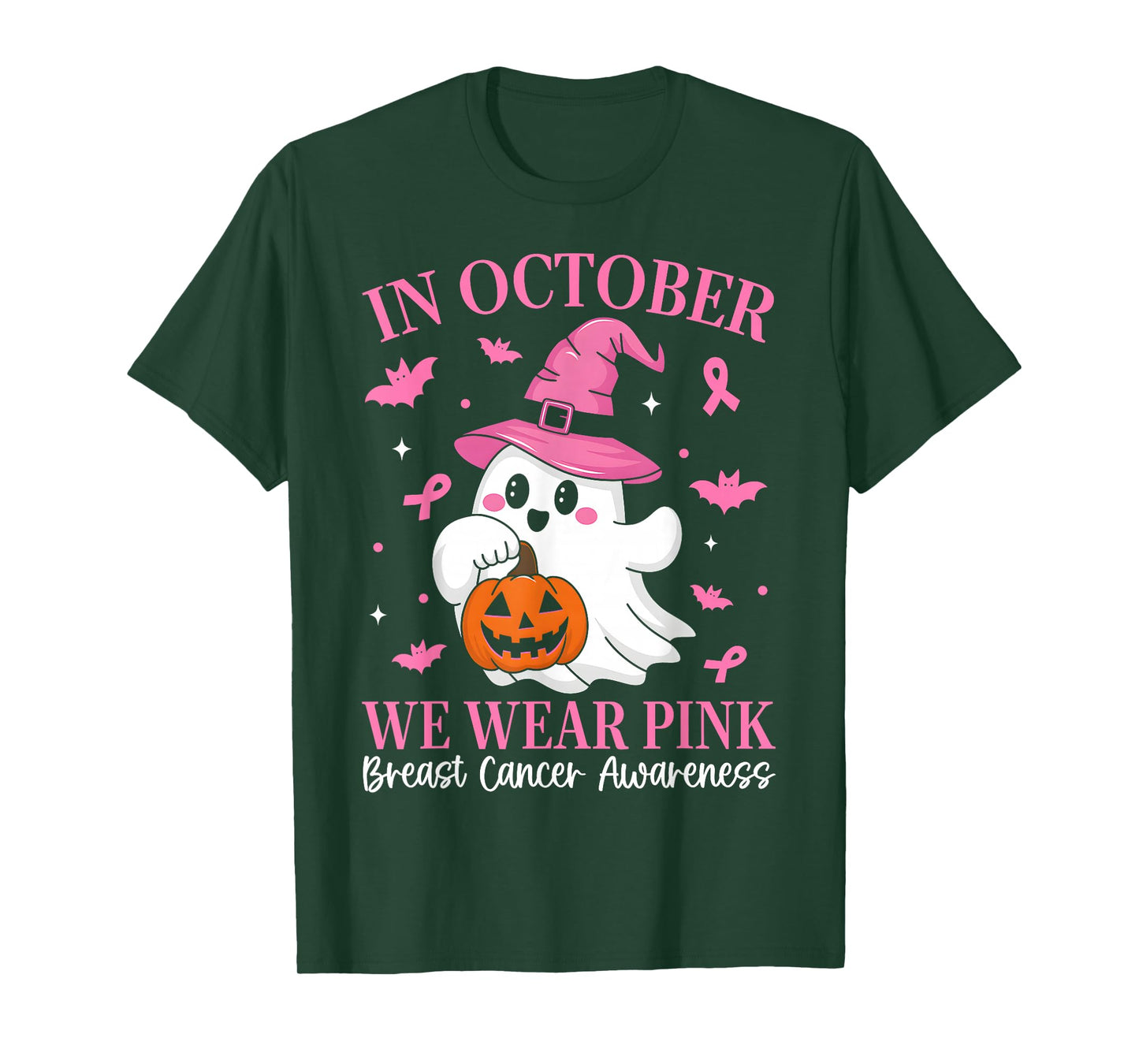 in October We Wear Pink Ghost Witch Breast Cancer Awareness T-Shirt