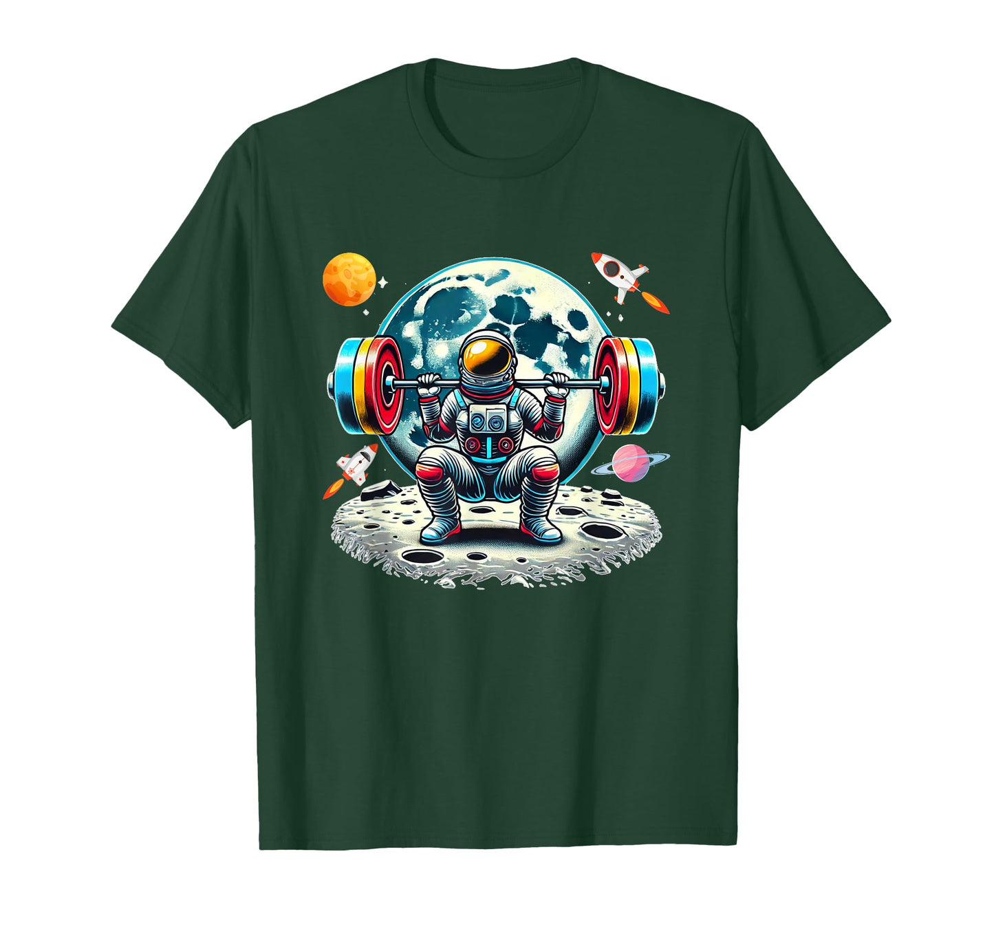 Funny Astronaut Working Out Gym Barbell Squats Outer Space T-Shirt