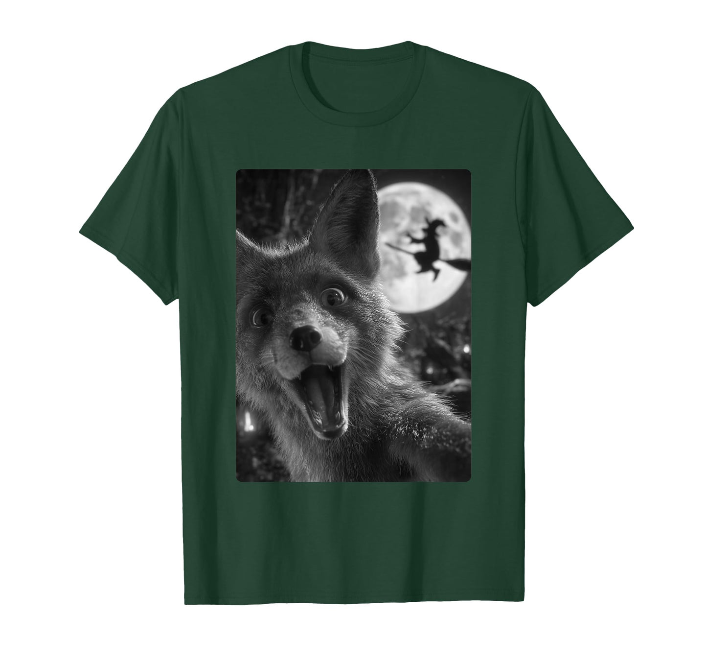 Funny Fox Selfie Full Moon Flying Witch Forest Halloween T-Shirt