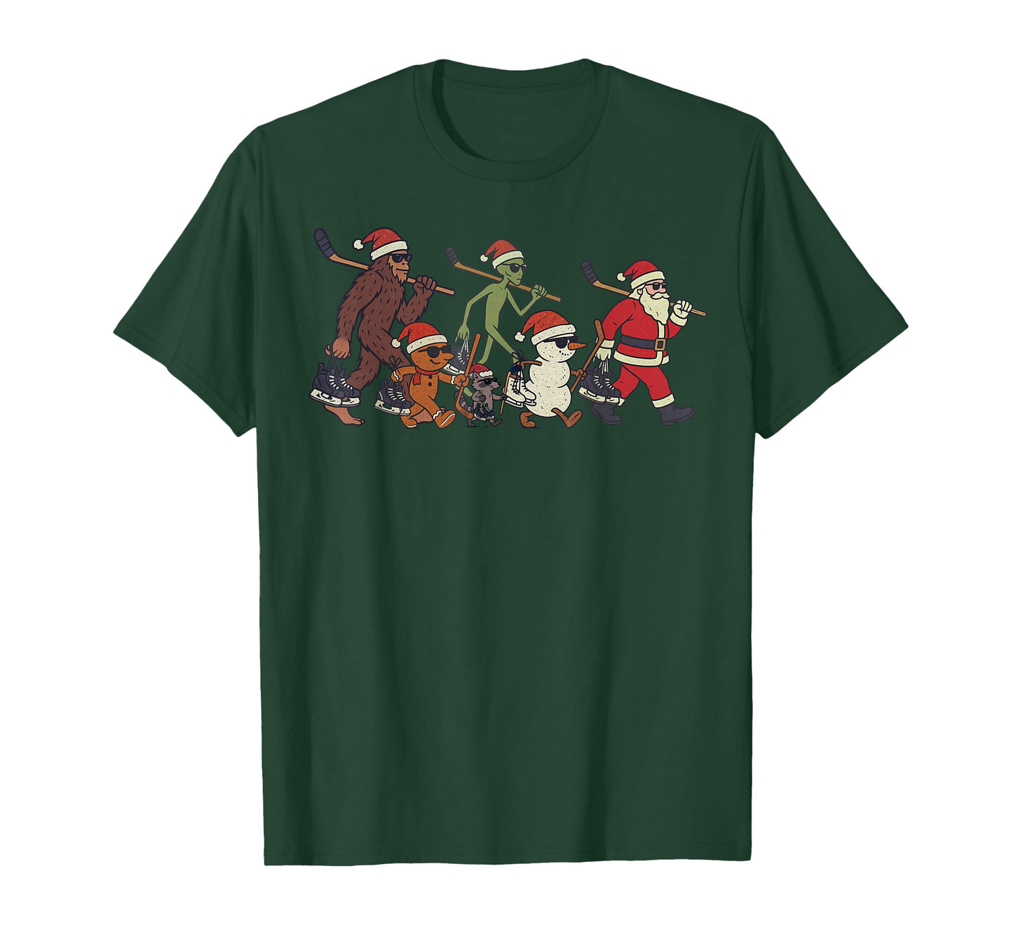 Santa Sasquatch Alien Ice Hockey Christmas Funny Xmas T-Shirt